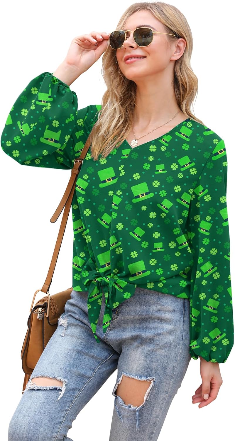 VIISHOW Womens Tie Front Knot Lartern Sleeve Loose Fit V Neck Floral Blouses Chiffon Tops Shirts - Image 2