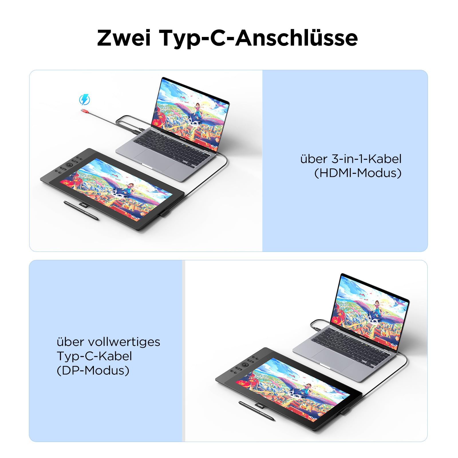 ugee Grafiktablett mit Display, UE16 FHD IPS 15.4 Zoll Grafiktabletts mit 143% sRGB Bildschirm, 16K Stufen Batterie-freiem Stylus, 8 physische Hotkeys und EIN rundes Rad