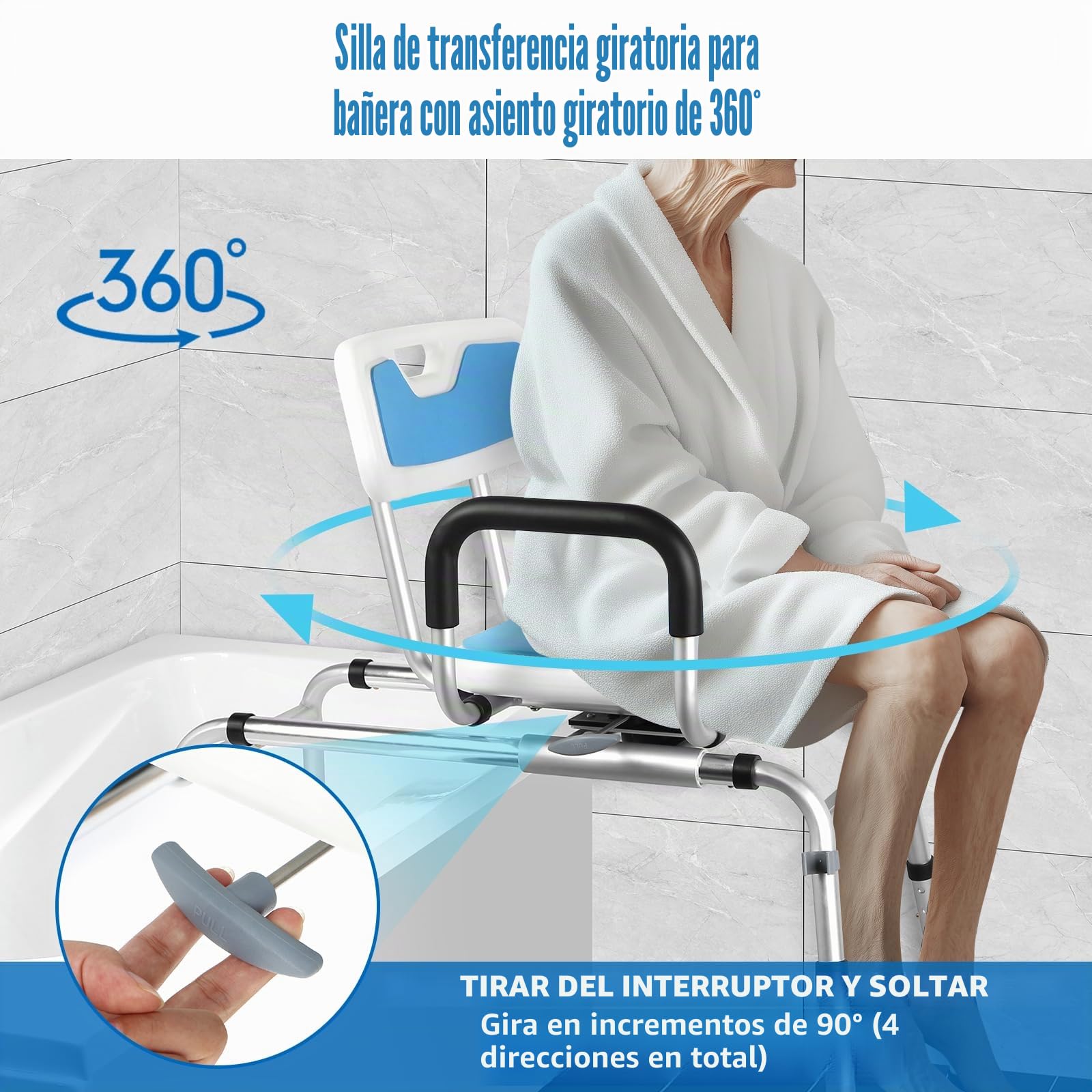 Taburete de ducha giratorio y deslizante 360° para personas mayores, taburete de ducha y banco de transferencia de bañera con asiento giratorio y función deslizante, altura ajustable, reposabrazos