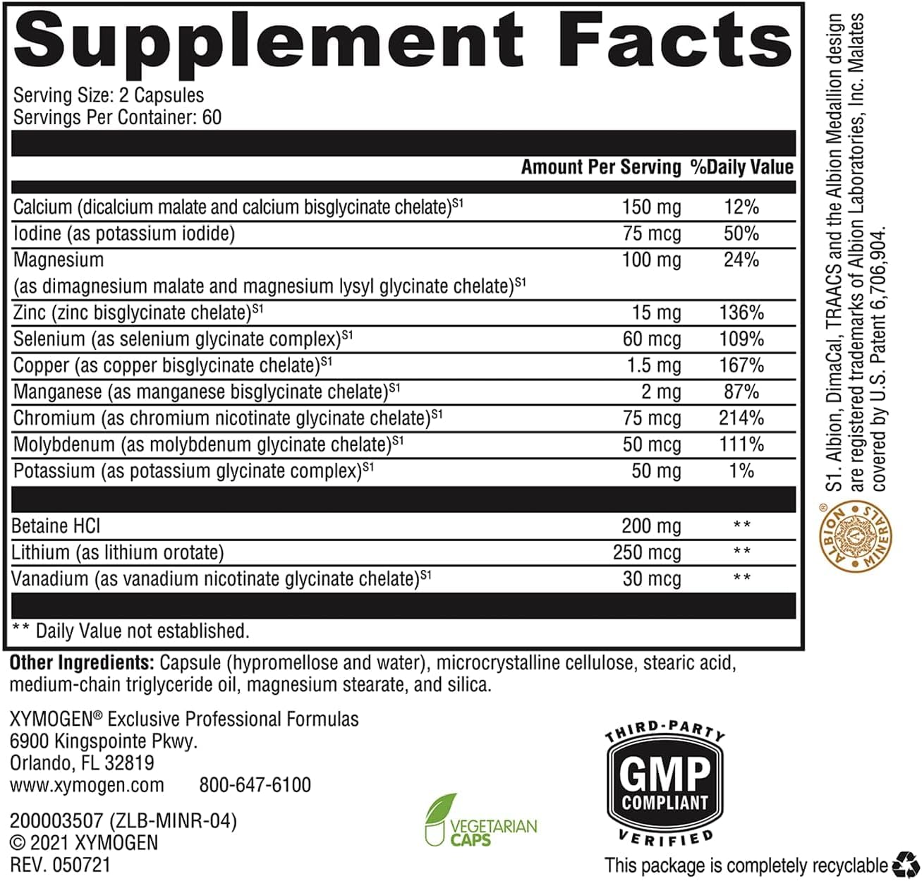 XYMOGEN MinRex Multi-Mineral Supplements - with Iodine, Selenium and Potasium to Support Mineral Repletion + Sports Nutrition (120 Soy, Gluten and Dairy-Free Capsules)