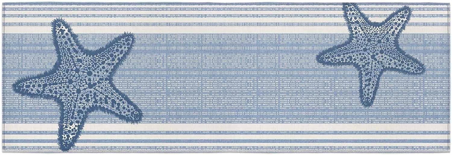 Teamery Kitchen Mats for Floor Blue Star Abstract Stripe Washable Non Slip Kitchen Rugs 1PCS, Vintage Country Nautical Absorbent Standing Mats for Sink Bathroom Office Living Room 23.6x70.9in