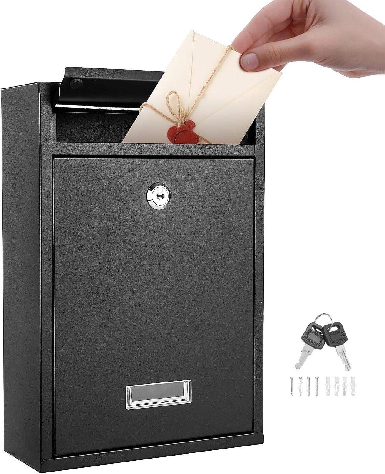 Trintion Letter Box 32 x 21.5 x 8.5cm Post Box Wall Mounted Steel Mail Box Parcel Delivery Box Lockable Letter Weatherproof Post Box with 2 Keys Stylish Letterbox for Keep Your Mail Safe (Black)