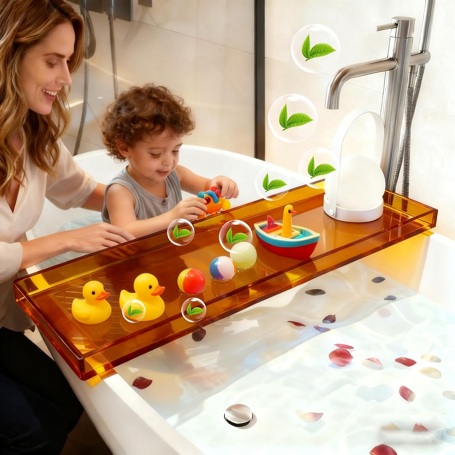 Bathtub Tray Table, Clear Acrylic, Anti-Slip Bath Caddy (Amber, L32.3 x W7.87 x H1.18)