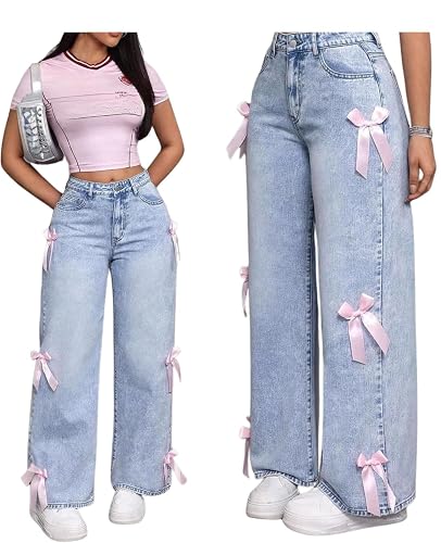 BeRamg Baggy Jeans for Teen Girls Woman Bow Jeans High Waist Wide Leg Loose Pants Casual Streetwear Cute Clothes - Blue1 - Large