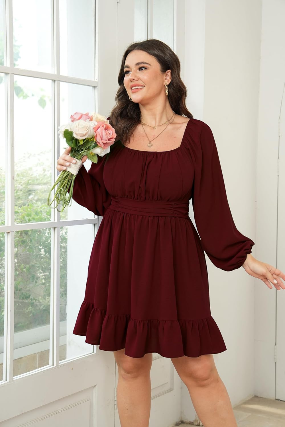 Womens Plus Size Dress Long Lantern Sleeve Square Neck Elastic Waist A-Line Mini Short Dress - Image 6