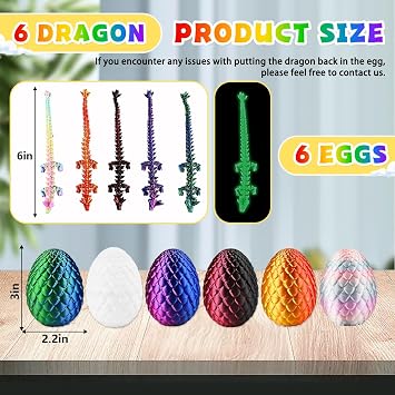 6Pack Dragon Eggs with Dragon Inside - 3D Printed Dragon in Egg Set Fidget Animals Toy - Easter Basket Fillers - Mythical Pieces Articulated Mobility Decor for Home Office & Easter Gifts ( Multicolor)