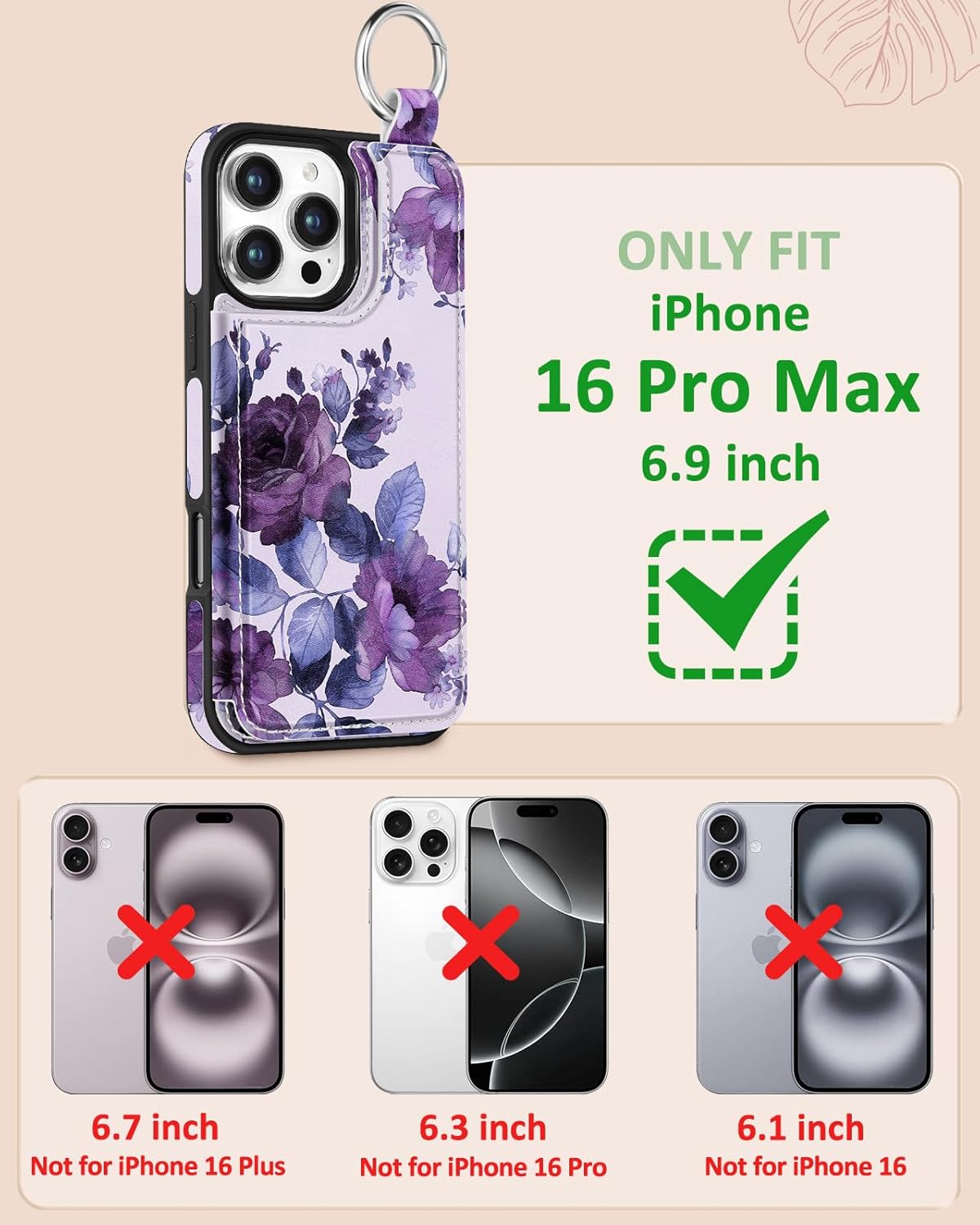 Shorogyt Compatible with iPhone 16 Pro Max Wallet Case with Card Holder - Cute Purple Flower Design Kickstand for Magnetic Clasp Back Flip Folio Leather Phone Covers for Women Men Girls - Image 2