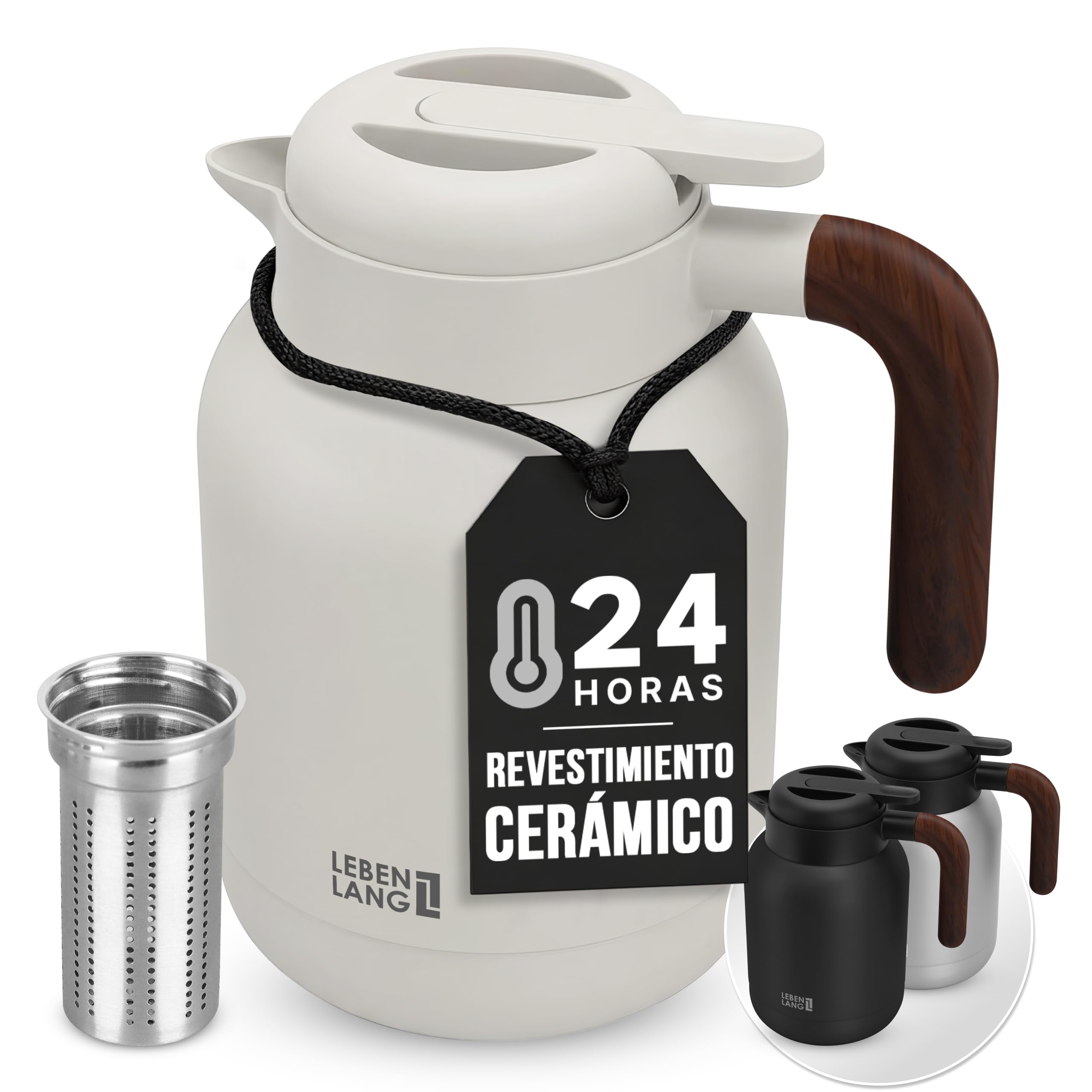LEBENLANG termo para cafe 1,5 l blanco, acero inoxidable con colador de té