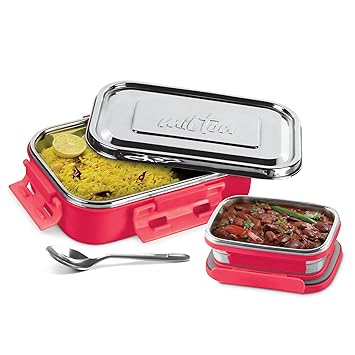 Steel Flat Insulated Inner Stainless Steel Tiffin Box, 700 ml, with Inner Stainless Steel Container, 170 ml and Spoon, Red | Food Grade | Easy to Carry | Easy to Clean | PU Insulated