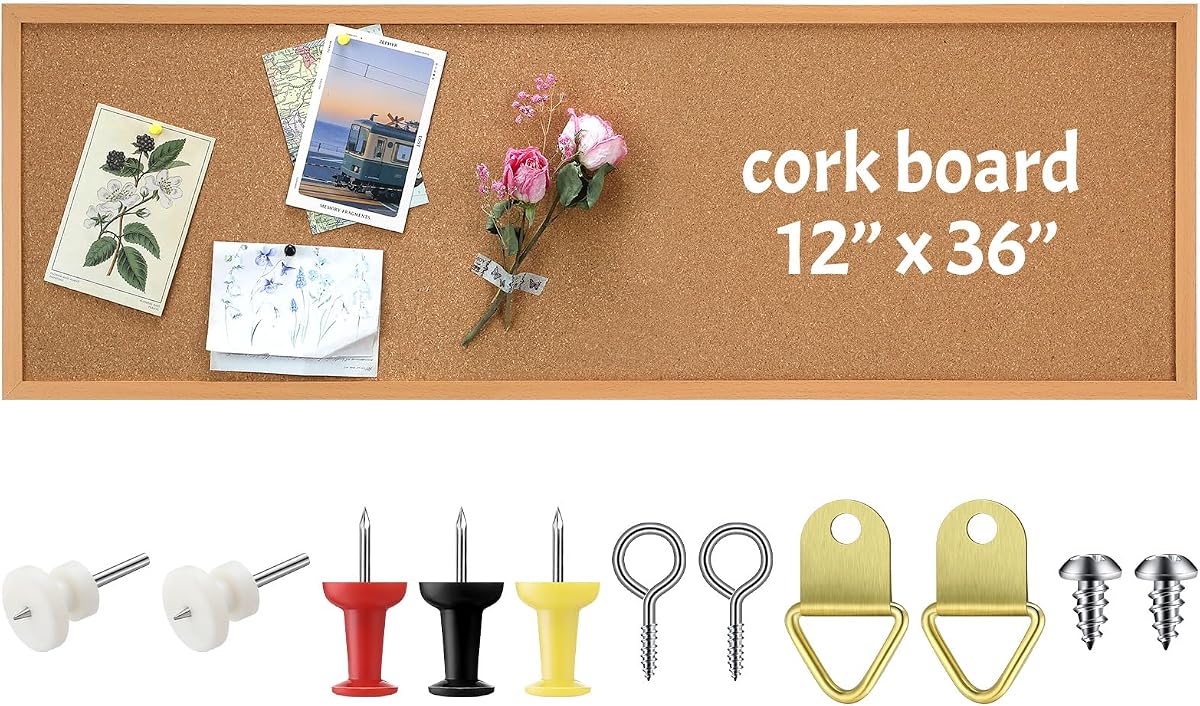 DoubleFill 12'' x 36'' Cork Bulletin Board Framed Large Wall Mounted Corkboard with Installation Kit, Push Pins for Home and Office Decor, School Message or Vision Background(Brown)