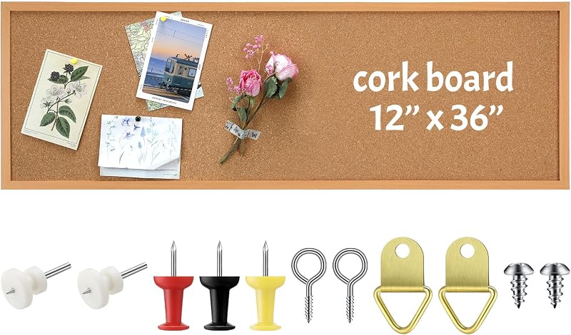 DoubleFill 12'' x 36'' Cork Bulletin Board Framed Large Wall Mounted Corkboard with Installation Kit, Push Pins for Home and Office Decor, School Message or Vision Background(Brown)