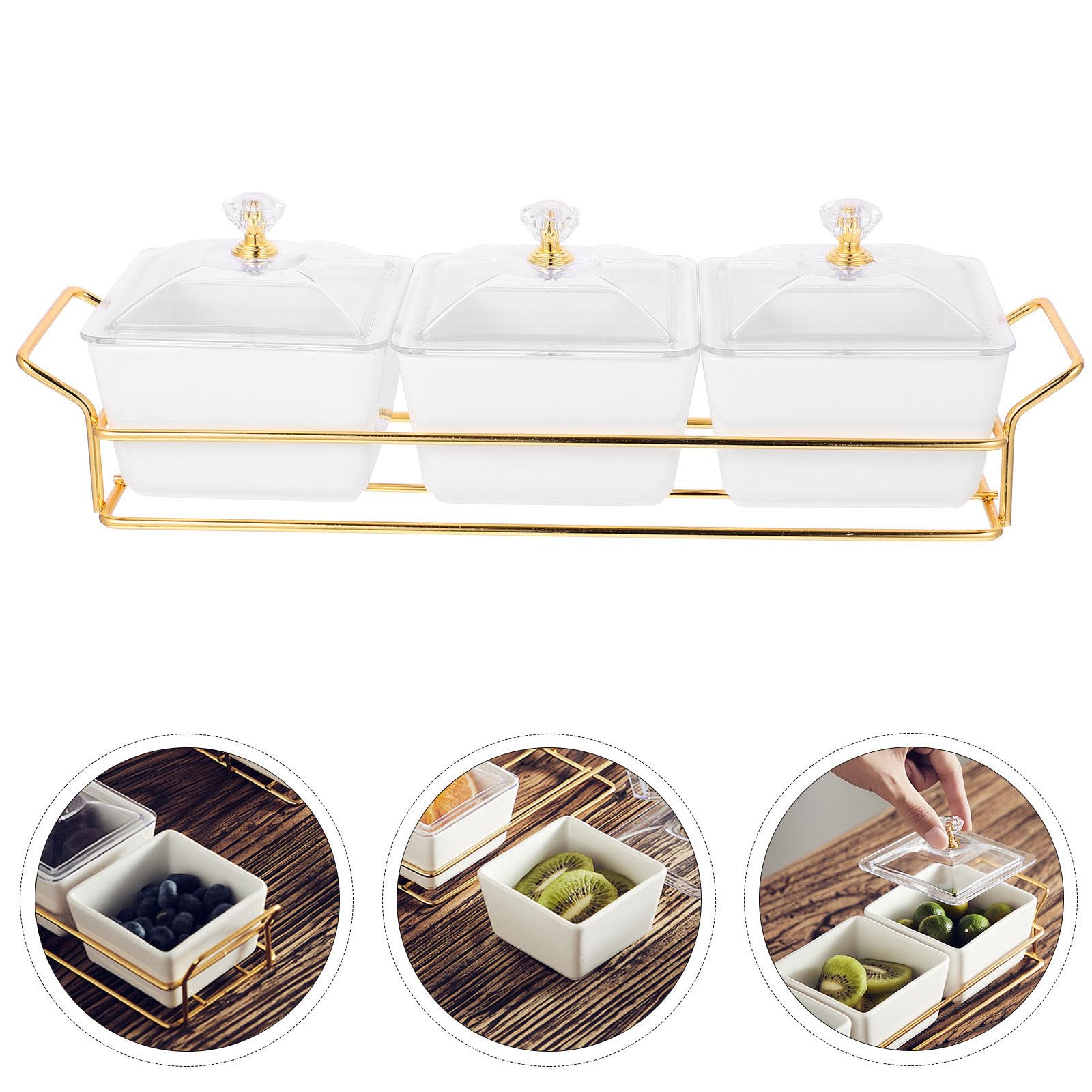 GLEAVI Geteilter Keramik Snackteller mit Deckel 3 fächer Design Glatte Oberfläche Weißer Minimalistischer Stil für Haushalt und Partys