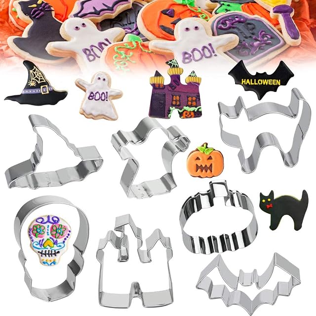 AFASOES Halloween Cookie Cutter Set, 7 Pcs Stainless Steel Ghost Cookies Cutters Biscuit Cookie Cutter Bat Shape Cookie Cutter for Halloween Baking Bat Ghost Castle Cat Skull Pumpkin Witch Hat