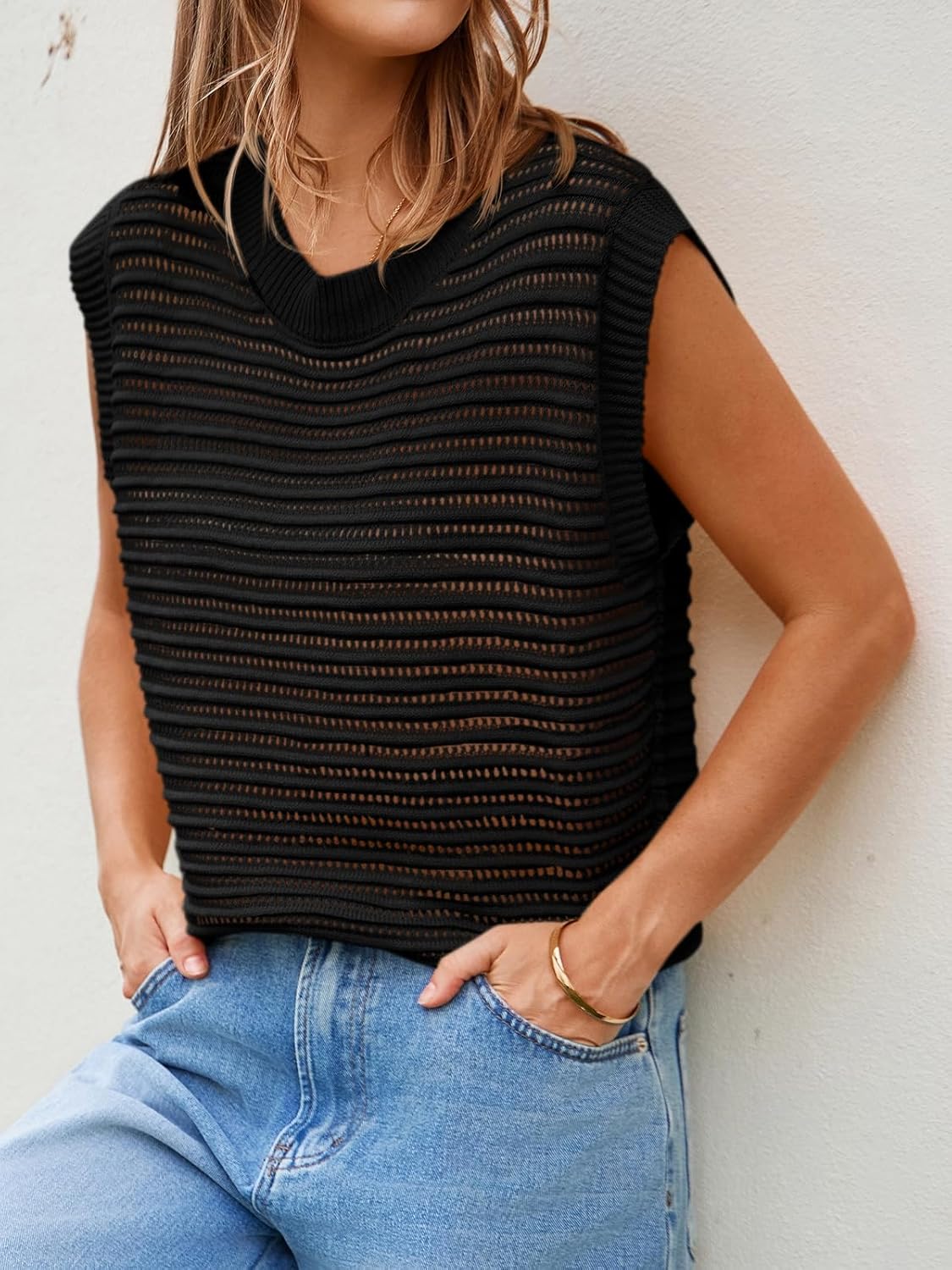 Lueluoye Women's Summer Knit Sweater Vest Cap Sleeve Casual Trendy Crew Neck Ribbed Pullover Tank Tops - Image 3