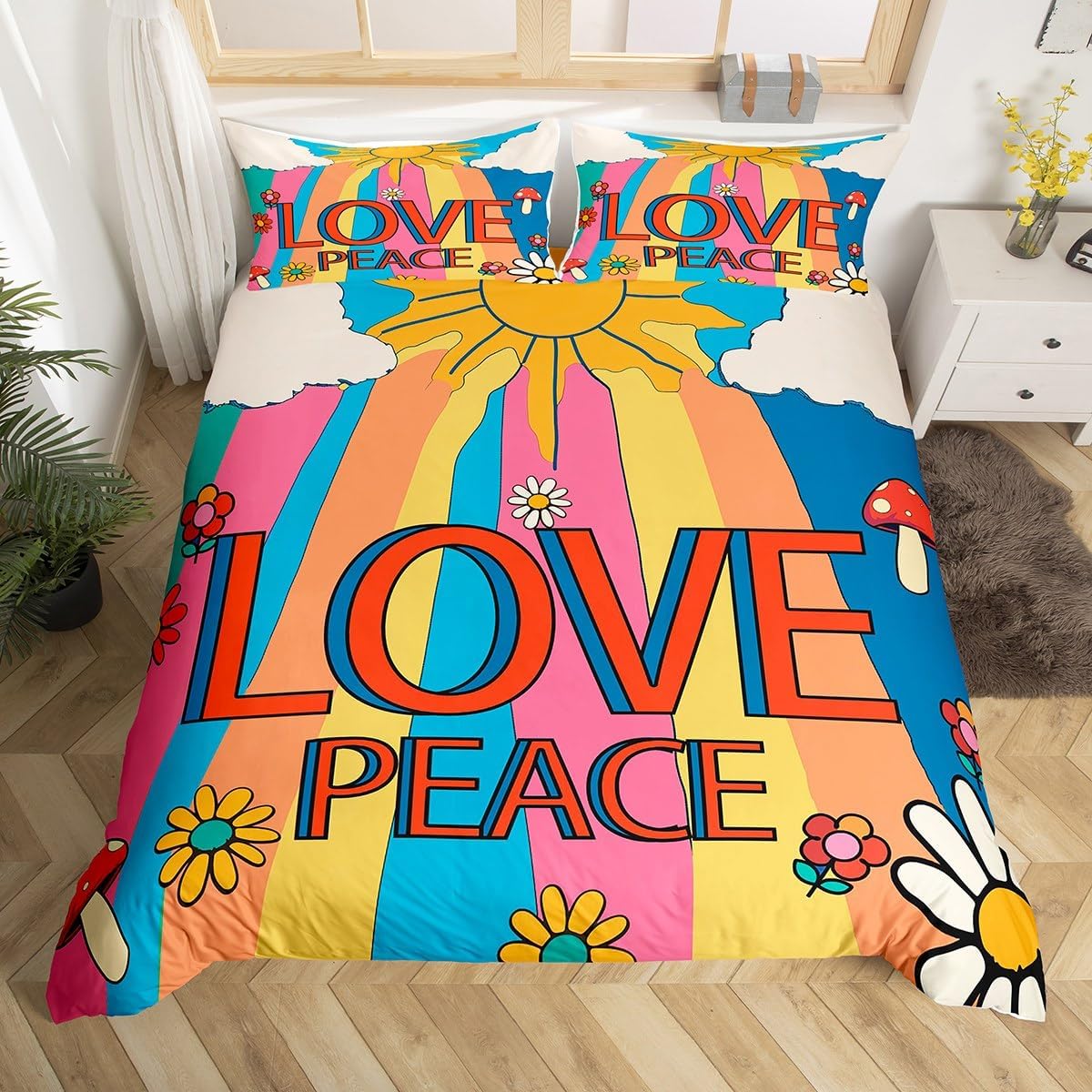 Retro Groovy Style Bedding Set Twin Size Kids Boho Abstract Comforter Cover Set for Boys Girls Teens Exotic Hippie Duvet Cover Breathable Flower Bedspread Cover Colorful Room Decor Cloud Quilt Cover