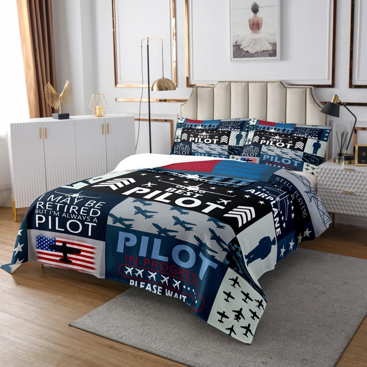 Homewish Airplane Military Theme Bedspread Twin Size,Flying Style Bedding Set for Kids Boys Girls Room Decor,Aircraft Star American Flag Plaid Coverlet Set 2Pcs,Pilot Theme Quilt,1 Pillowcase