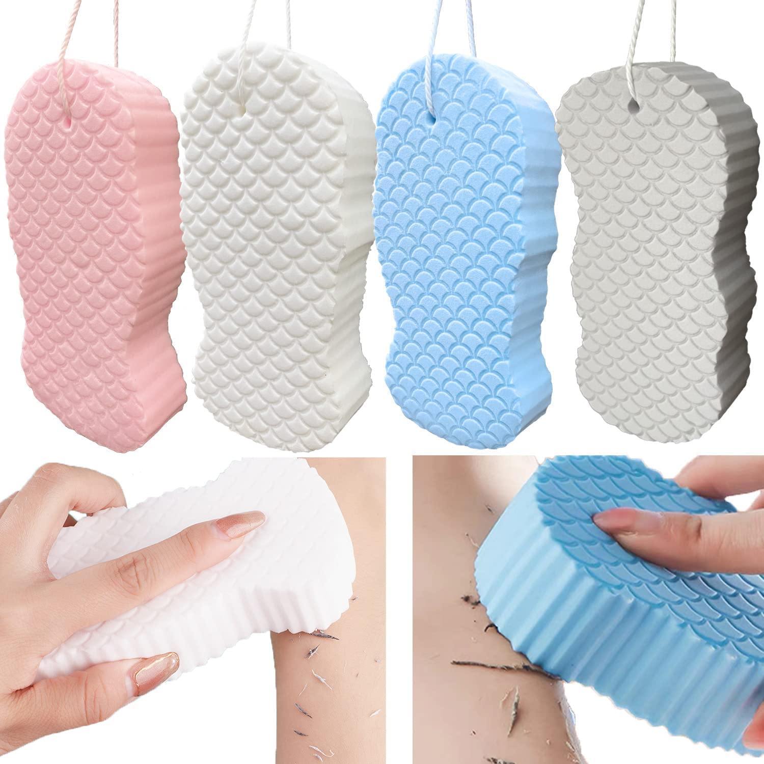 PRITZKER 4 PCS Soft Exfoliating Bath Sponge, 3D Bath Sponge Shower Brush, Soft Bath Sponges for Shower, Dead Skin Remover for Body, Shower Sponge for Adult Baby (Blue&Grey&Pink&White)