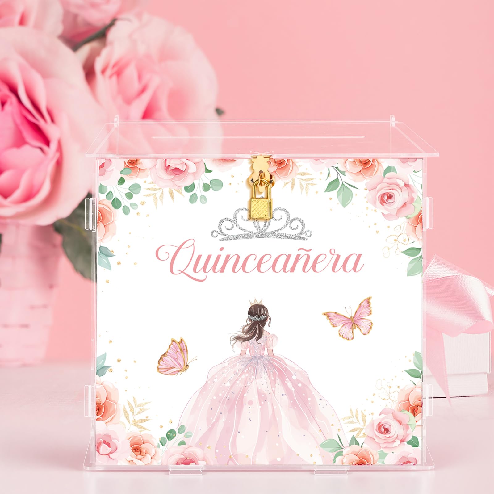 Novabright Quinceanera Money Cash Box Quinceanera Acrylic Cardholder Gift Box with Lid and Lock for Sweet 15th Birthday Coming of Age Ceremony Quinceaneras Party Decor