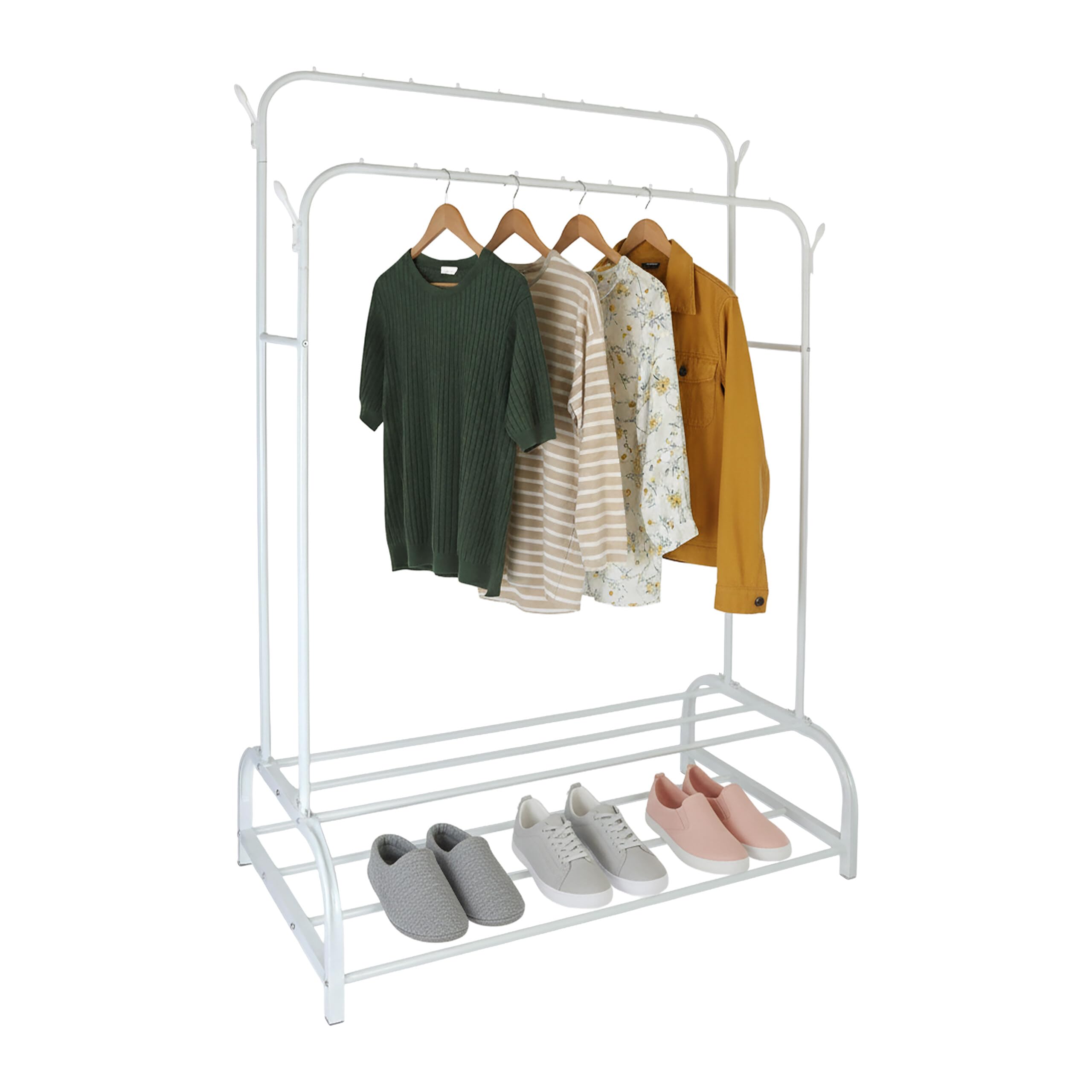 Relaxdays clothing rack, HxWxD: 155 x 110 x 55 cm, 2 shelves & 2 rails, 4 hooks, freestanding, white