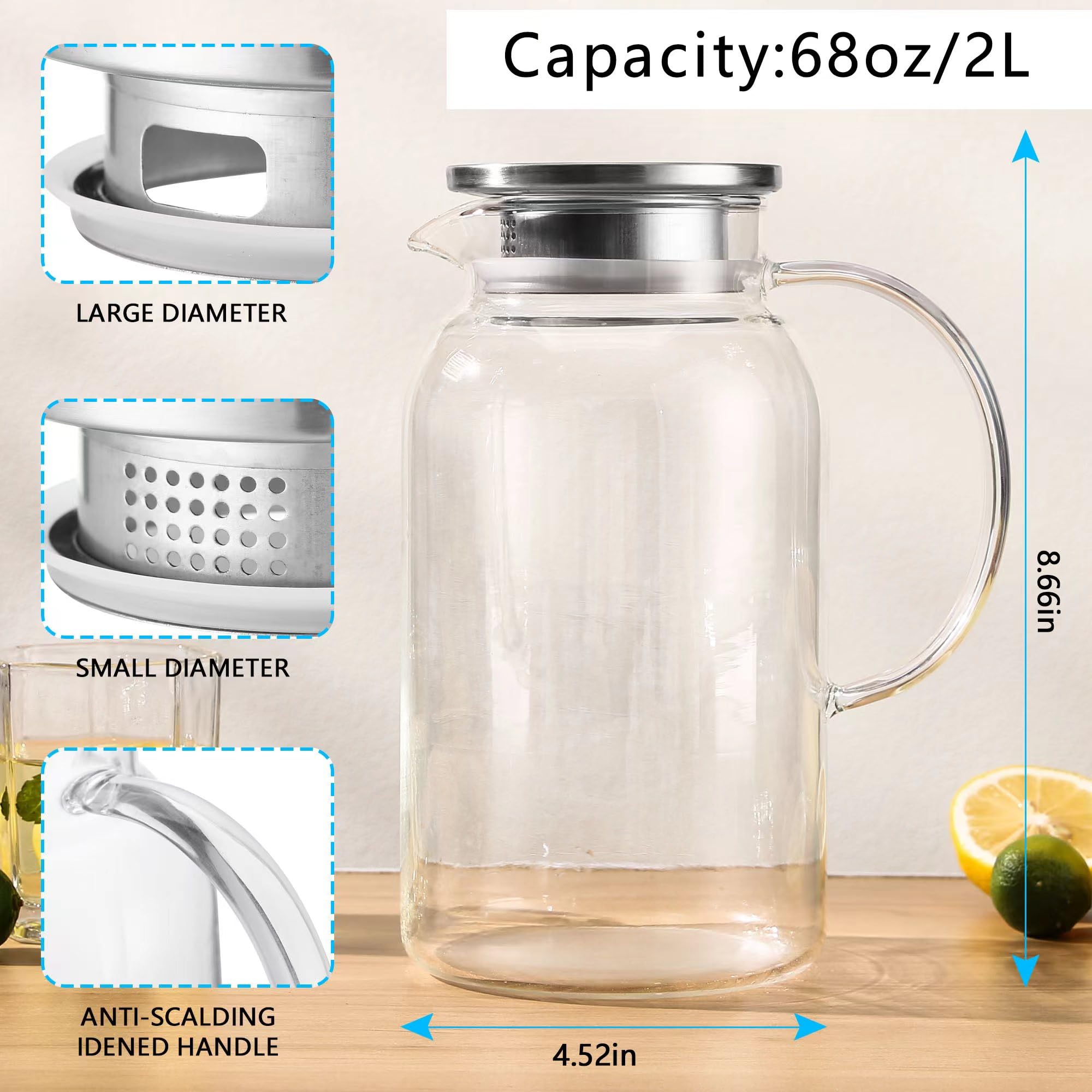 Jarra de vidrio de 68 onzas con tapa, jarra de vidrio para agua caliente/fría. Jarra de 0.5 galones, 2 unidades. Jarras de agua de vidrio para café frío, té helado, leche, tarro de té solar