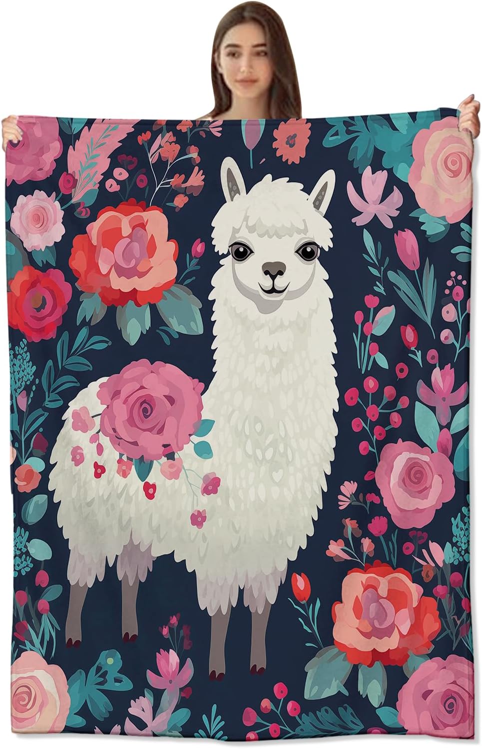 Floral Llama Soft Fleece Throw Blanket – Comfy, Lightweight & Warm Plush Flannel for Sofa, Bed, Travel, Living Room – Fuzzy, Anti-Pilling Design for Outdoor Use 50×60inch