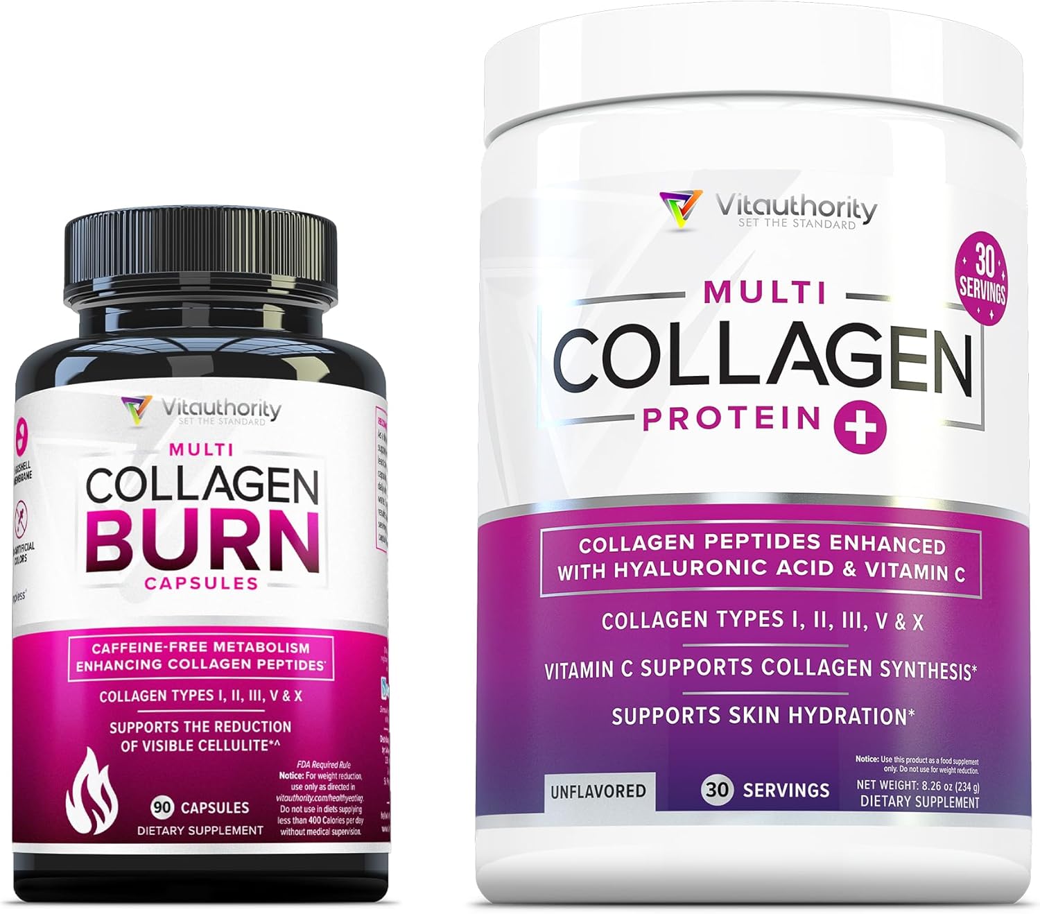 Vitauthority Multi Collagen Burn: Hydrolyzed Protein Peptides with Hyaluronic Acid and Multi Collagen Peptides Powder for Women - Hydrolyzed Flavored Collagen Unflavored 30 Servings