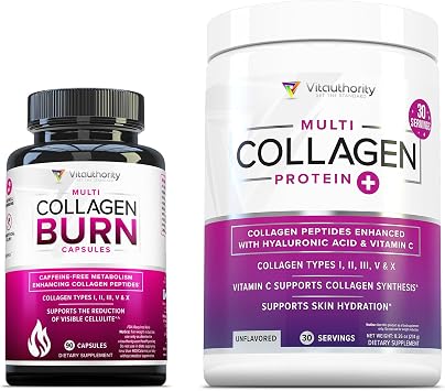 Vitauthority Multi Collagen Burn Hydrolyzed Protein Peptides with Hyaluronic Acid and Multi Collagen Peptides Powder for Women - Hydrolyzed Flavored Collagen Unflavored 30 Servings