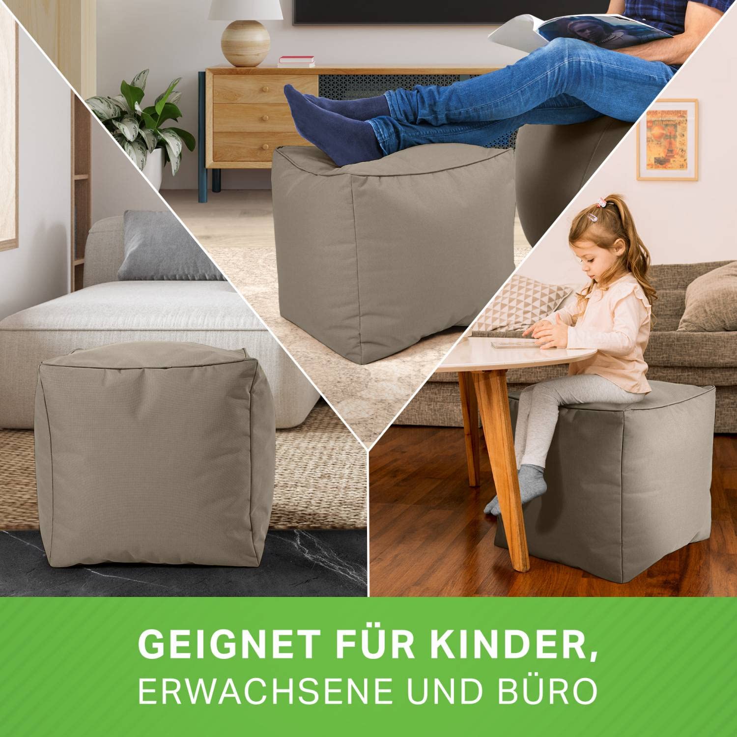 Green Bean Outdor Pouf-Hocker 40x40x40cm mit EPS-Perlen Füllung - Erweiterung & Addon für Sitzsäcke: Fußhocker Fußkissen - Bodenkissen Kinder & Erwachsene - Fußablage Sitzkissen Khaki