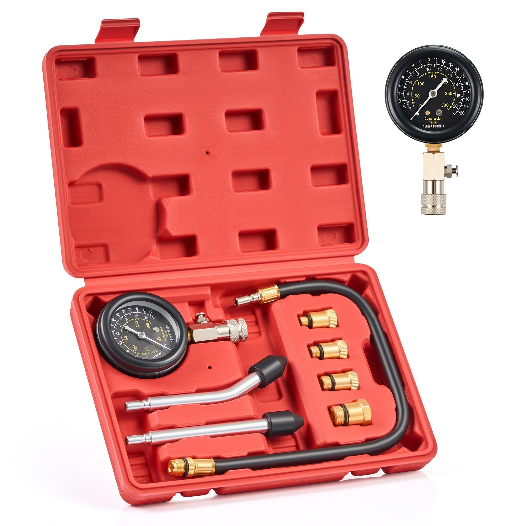 Orion Motor Tech Gasoline Compression Tester Kit, 8pc Petrol Engine Compression Tester Set with 0-300 psi Pressure Gauge 4 Adapters, Small Engine Compression Gauge Set for Motorcycle Car Truck