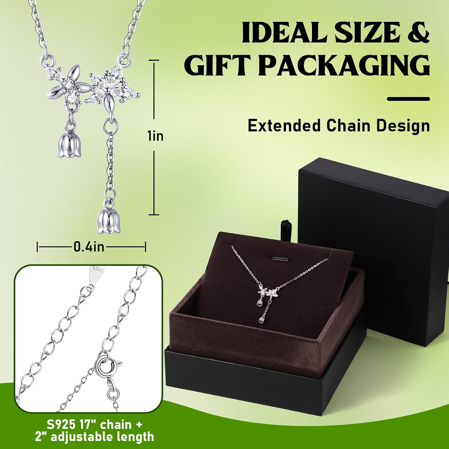 925 Sterling Silver Chain Cubic Zirconia Lily of the Valley Necklace for Women, Dainty Flower Pendant Necklace Hypoallergenic Cute Simple CZ Necklace Trendy Jewelry Charm Gift for Her
