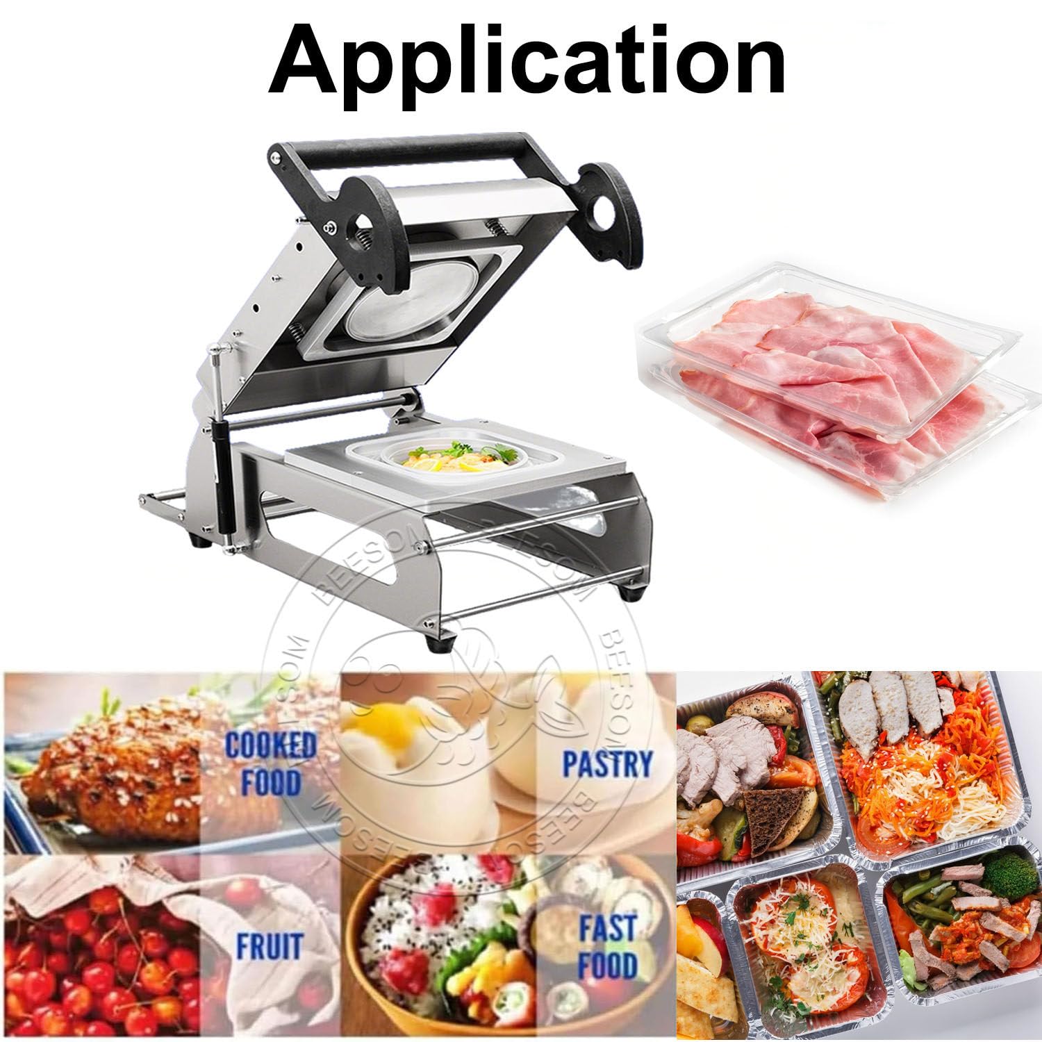 Sellador de bandejas a presión de mano comercial, máquina de sellado térmico, 7-8 sellos/minuto, acero inoxidable, para cajas para llevar, carne, pescado, alimentos cocinados, restaurantes