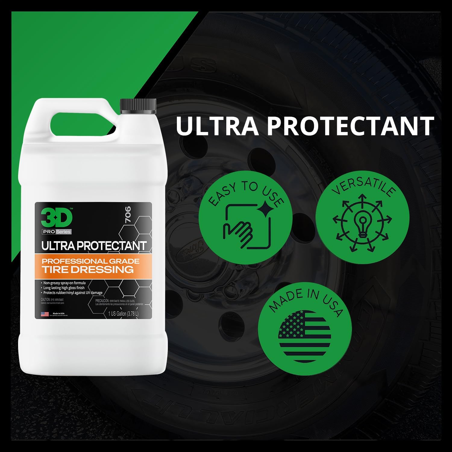 3D Ultra Protectant Tire Shine Spray – Water-Based High Gloss Tire Dressing | Long Lasting UV Protection for Rubber & Vinyl | No Sling | Made in USA |1 Gallon - Image 4