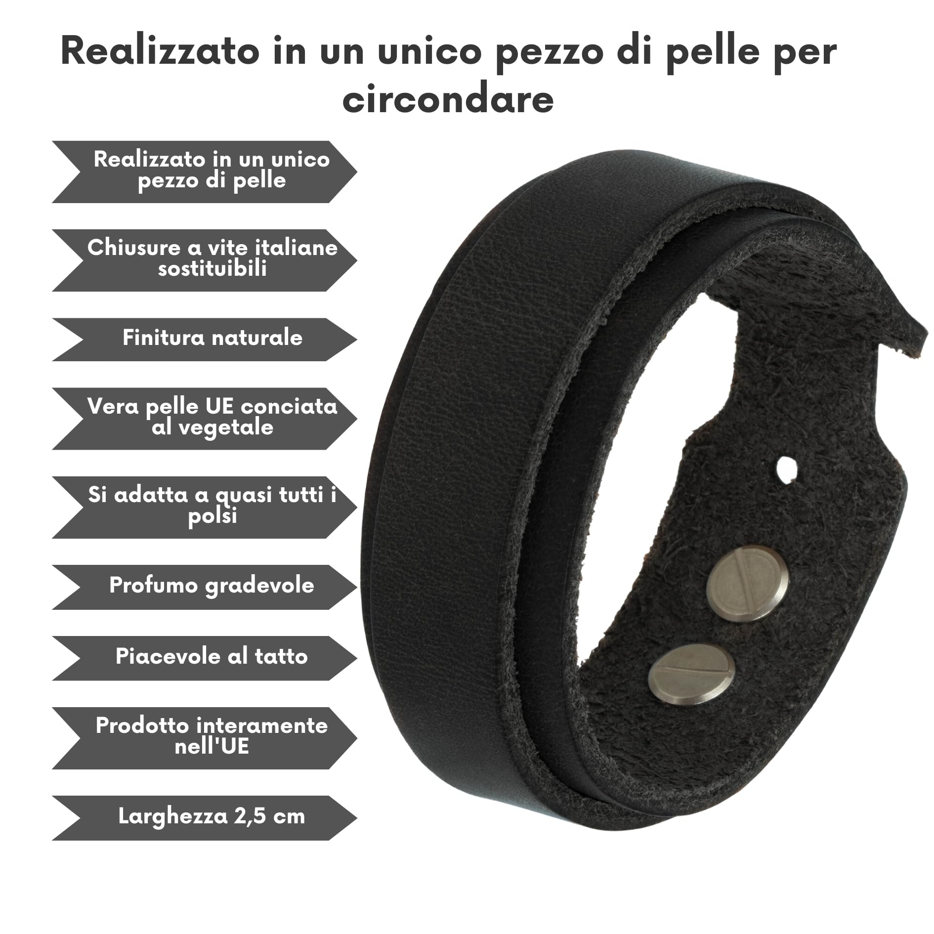 Simaru Bracciale in Vera Pelle 25 mm - Unisex - Conciato Vegetale - Borchie a Vite Resistenti - Anallergico