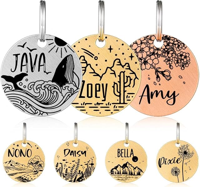 Dog Tags for Pets Engraved, ID Tag, Personalised Dog Name Tags, Customised Cat Tags, Deep Laser Engraving, Free Engraved on Both Sides, Various Design Options (Round-Designs)