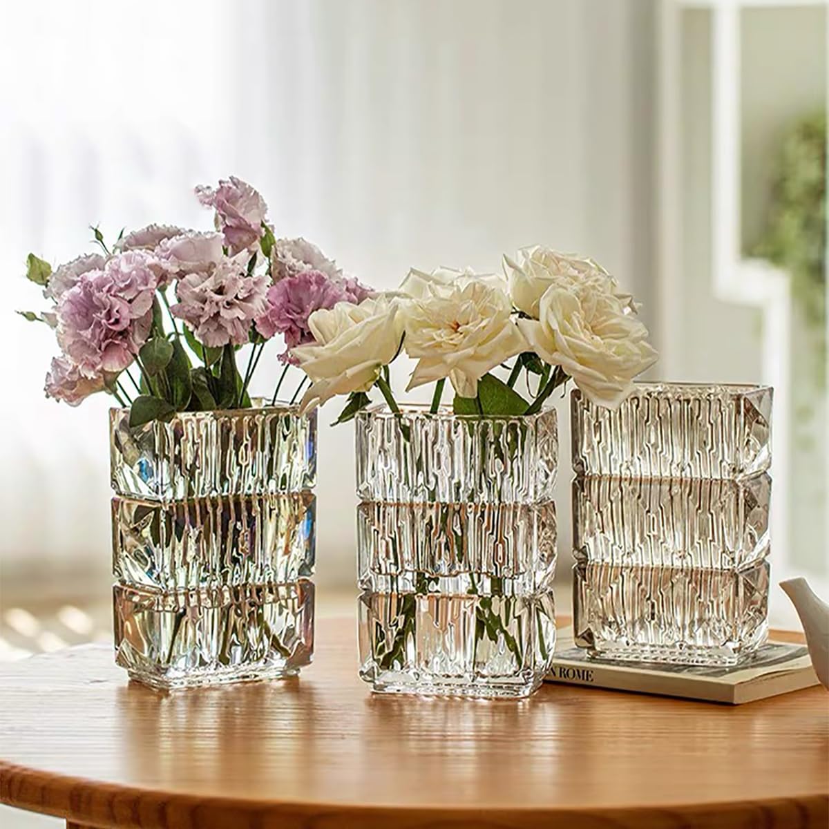 Geriffelte Glasvase Klarglas Vase Gerippt Blumenvase Minimalistisch Rechteckige Blumenvase aus Glas für Wohnzimmer, Esstisch, Bücherregal, Hochzeit, Büro (15 * 10 * 20cm)