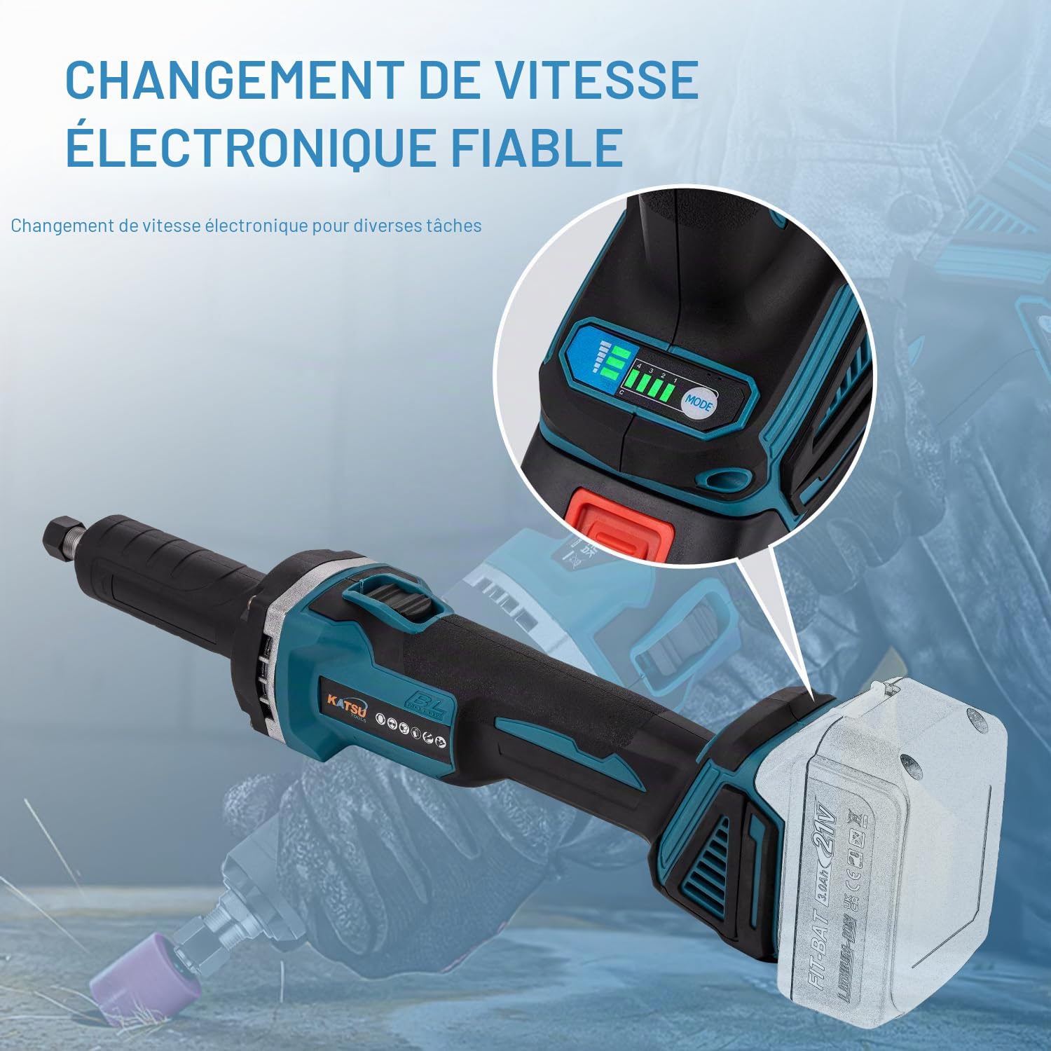 KATSU FIT-BAT 21V Brushless Meuleuse Droite sans Fil, avec Moteur sans Balais, Mandrin de 6mm et 4 Vitesses Variables, sans Batterie ni Chargeur 102319