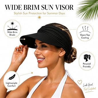 Women's UPF 50+ UV Protection Sun Visor Hat, Wide Brim UV Protection Hat, Lightweight Foldable Ponytail Beach Cap