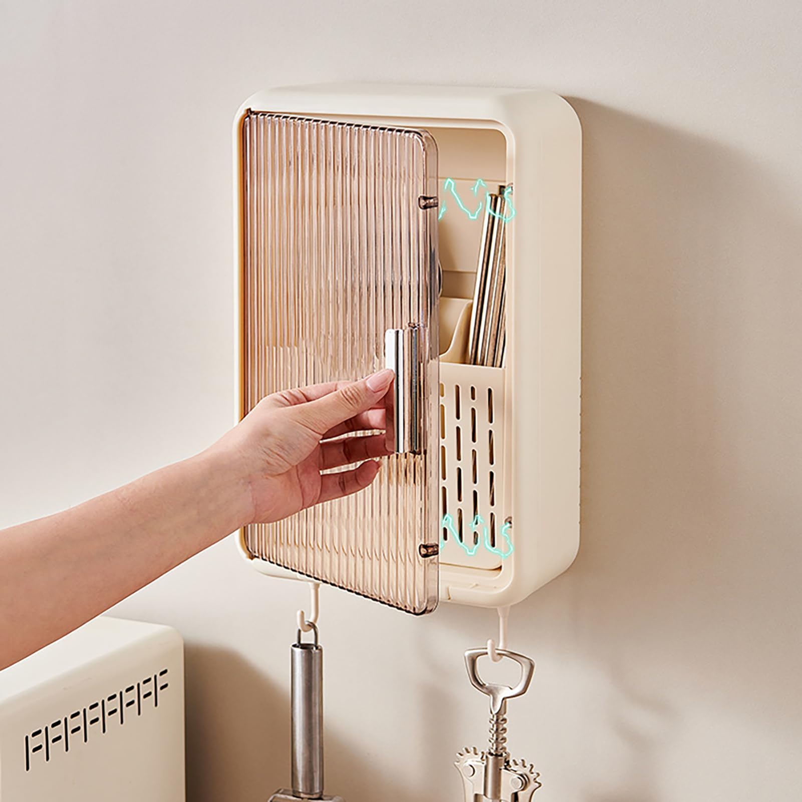 TOPINCN Organiseur mural pour baguettes drainant et anti-poussière avec couvercle, convient pour louches, fourchettes et plus (couleur crème)