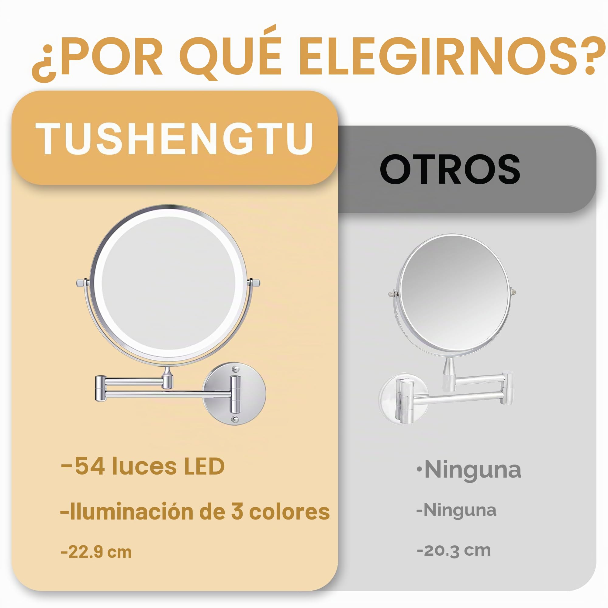 Espejo de tocador grande recargable iluminado de 9 pulgadas montado en la pared, espejo de aumento 1X/10X con luz para baño, espejo cromado montado en la pared con brazo oscilante con 3 luces de color