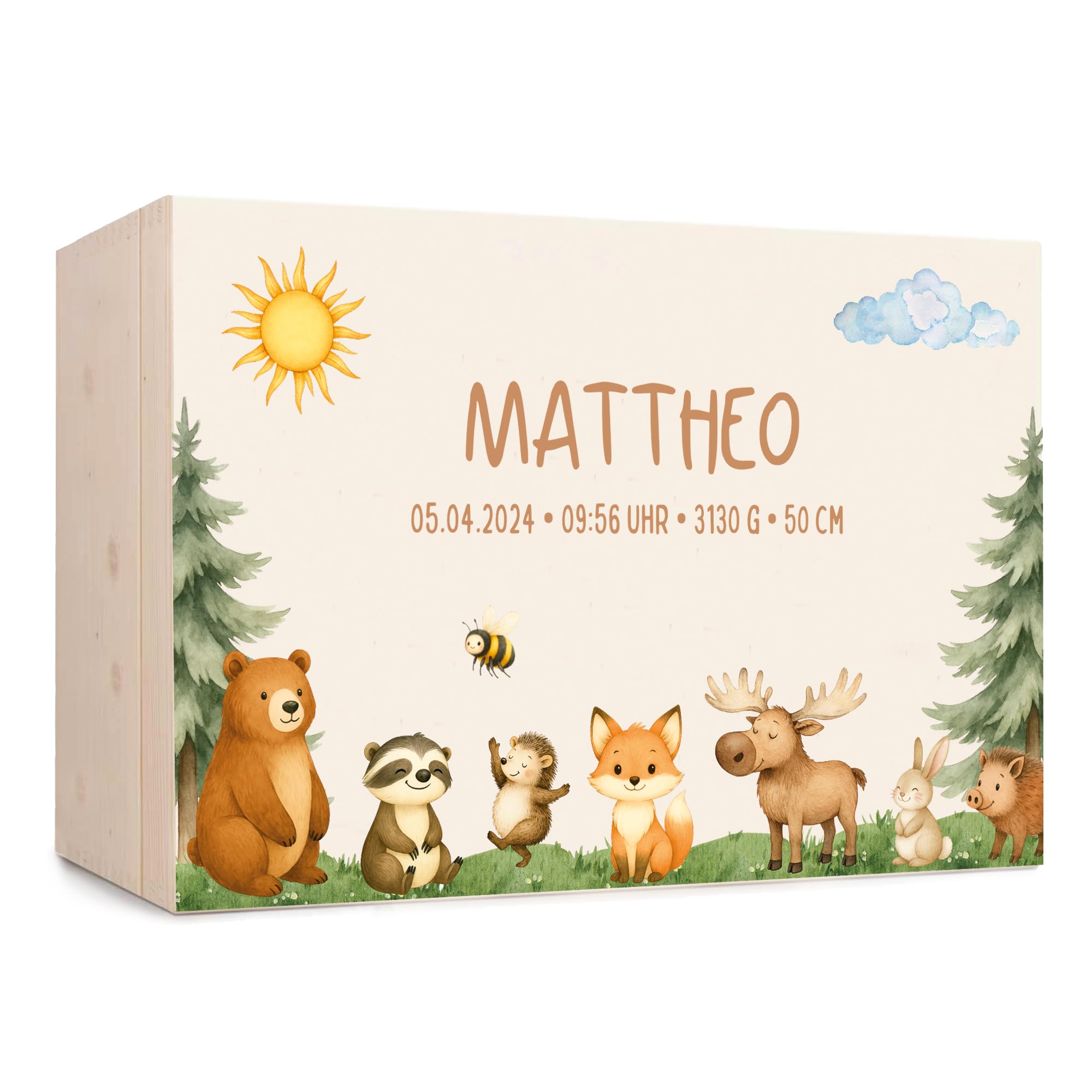 Generisch Erinnerungsbox Baby, personalisierte Holzkiste mit Klappdeckel, Aufbewahrung von Erinnerungen, Geschenk zur Geburt und Taufe, Geburtsgeschenk Jungen und Mädchen (Waldtiere, 40x30x13 cm)