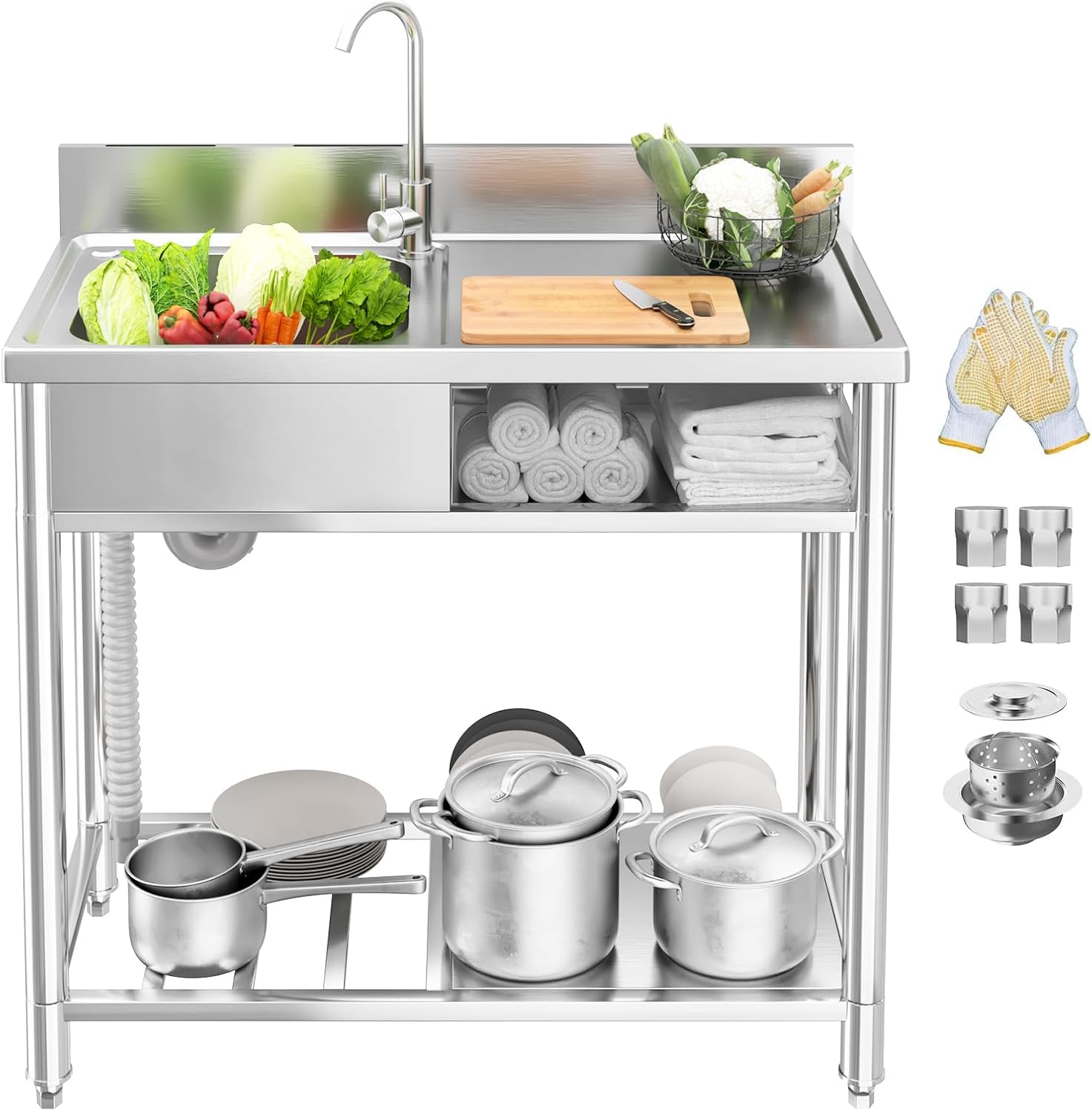 39in Stainless Steel Utility Sink, Freestanding Single Bowl laundry Sink with Cabinet, Outdoor Sink Station for Garden, KItchen, Garage and Farmhouse
