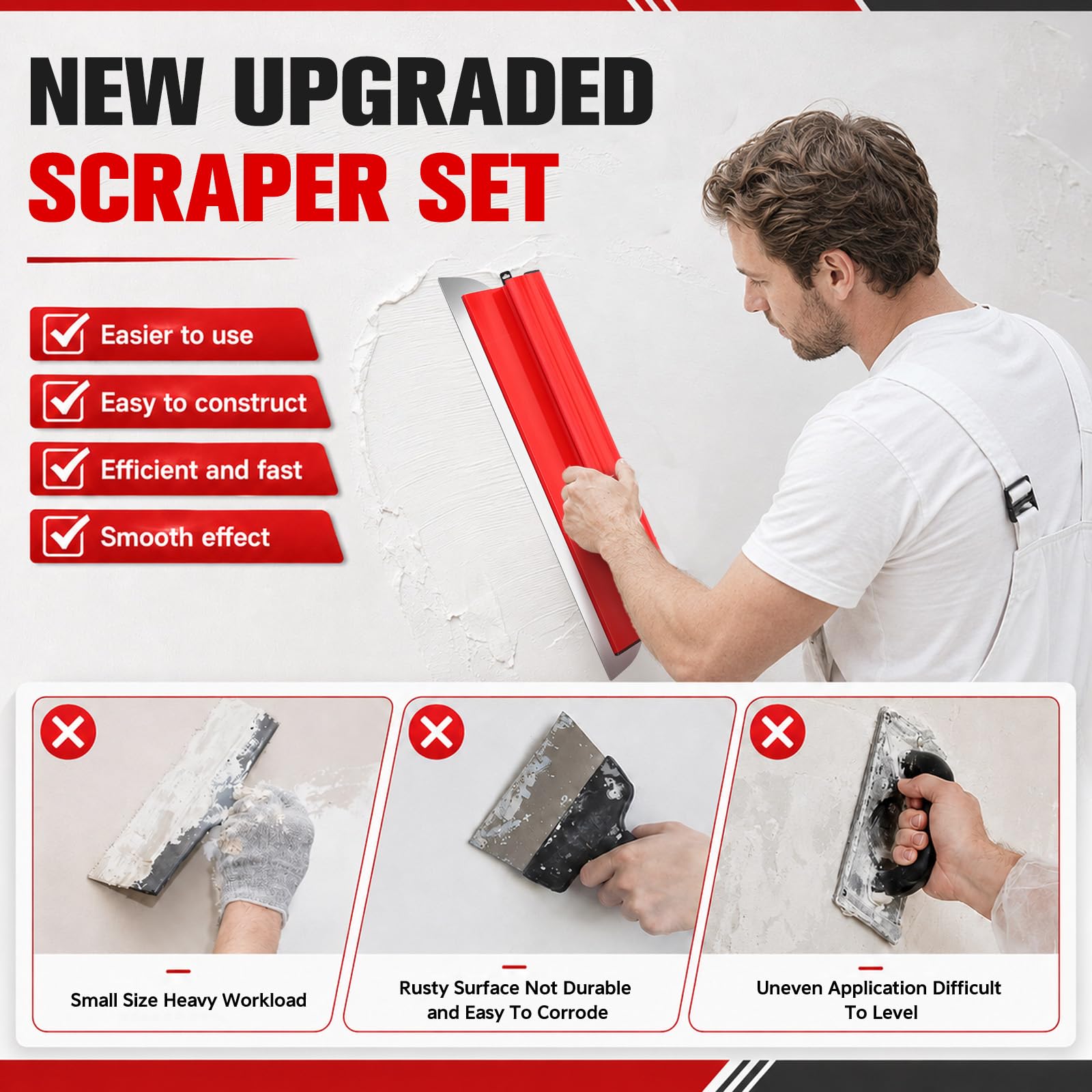 Spatola per Stucco Set, Spatola per Rasatura Muro con Asta Telescopica Regolabile 82-135 Cm, Frattazzo per Rasatura, Spatole per Stucco e Scatola di Conservazione (15/25/40/60/80 cm)