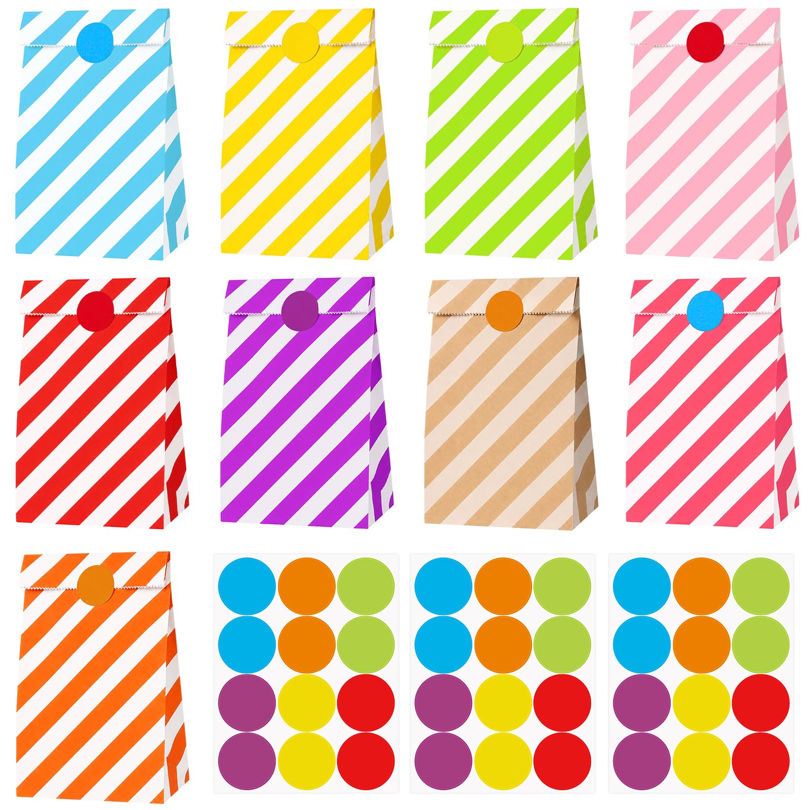 Lemicin 30pcs Stripes Colored Paper Party Bags With Stickers, 24x13x8cm Rainbow Kraft Treat Bags Summer Goodie Bags For Kids Party, Back To School Party, Baby Shower, Wedding