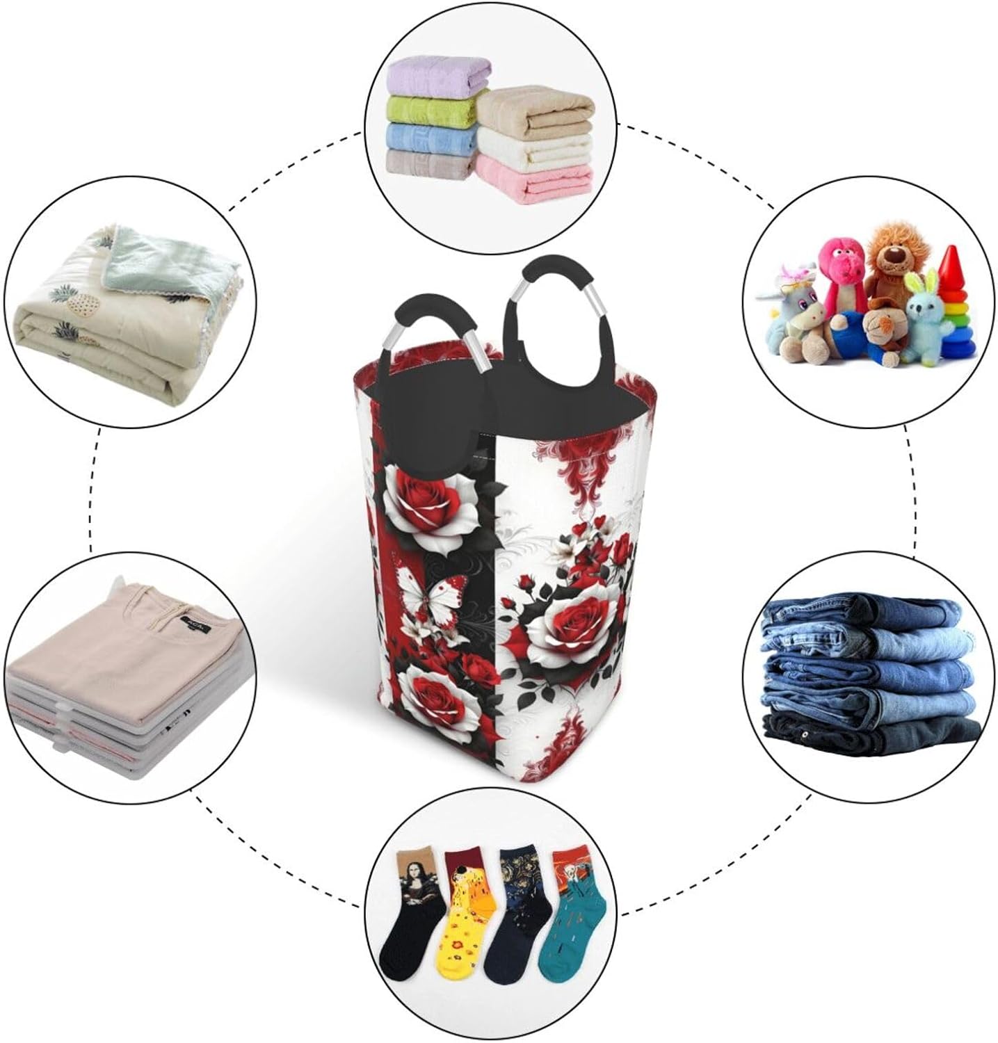 Scarlet Bloom & Butterfly Foldable Dirty Laundry Bag, Waterproof Oxford Fabric With Pe Board Base, 50l Capacity For Home & Travel