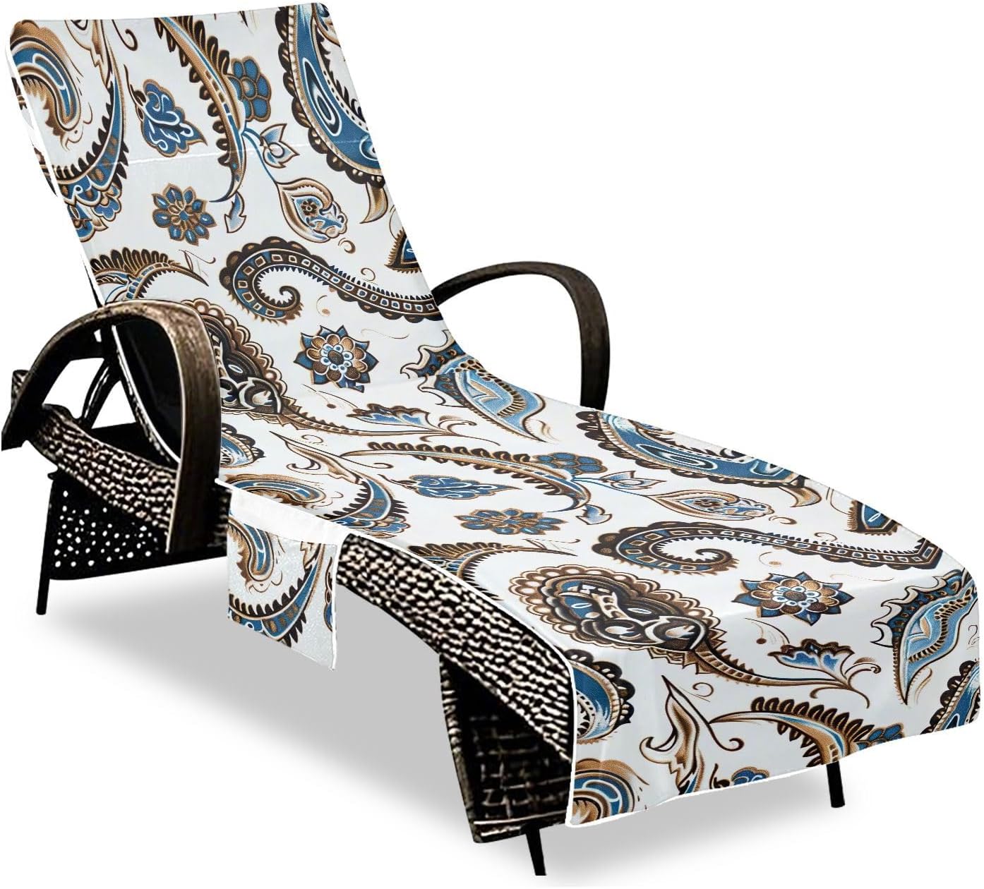 Strange Paisley Lounge Chair Towel Cover with Side Pockets – 85x30in Foldable Chaise Cover for Beach, Pool, Patio, Spa