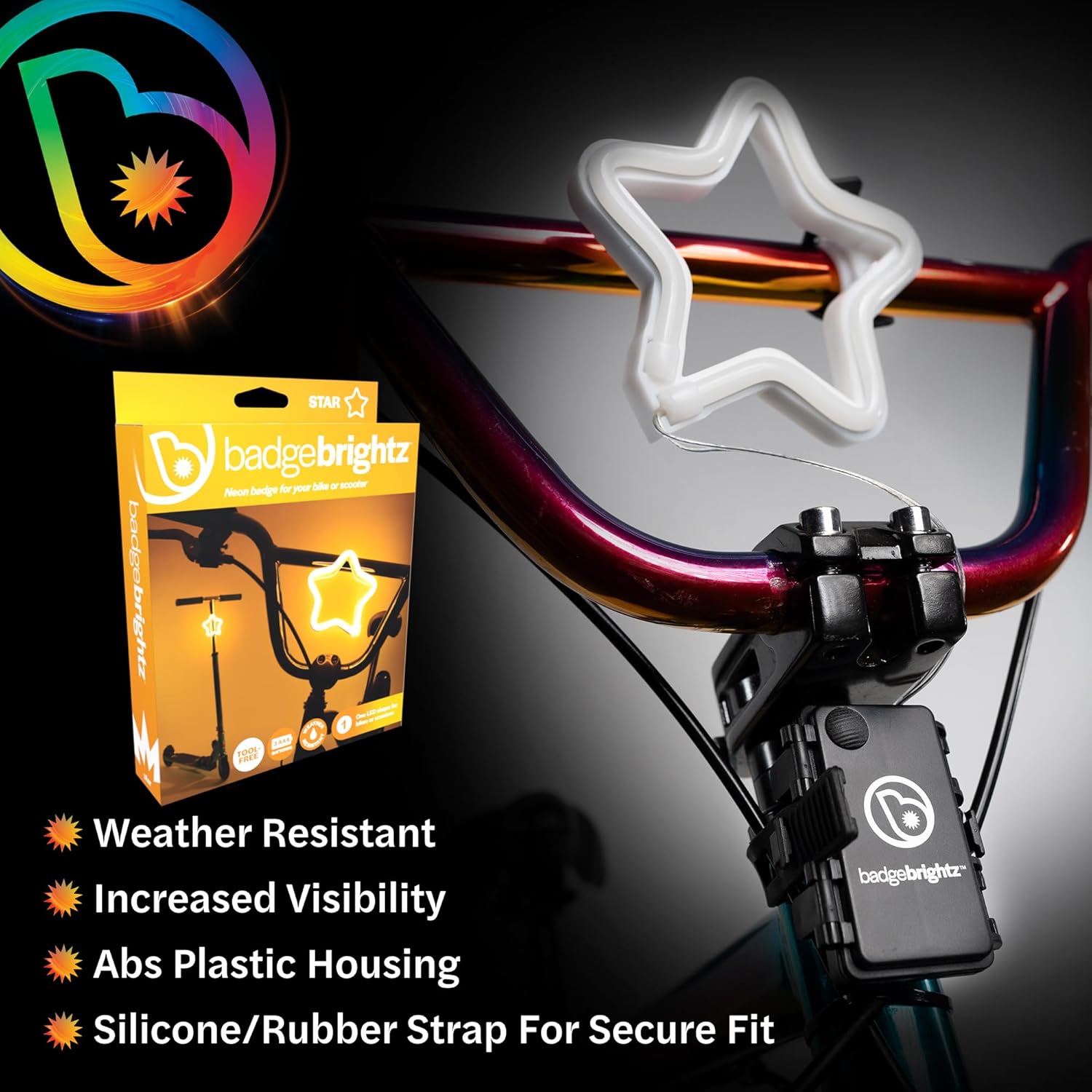 Brightz BadgeBrightz Star Shaped LED Bike Light - Cute Bike Accessories for Girls, Boys & Adults - Cool Accessory for Bikes & Scooters - Easily Attaches to Frame or Handlebar - 4.75-inch