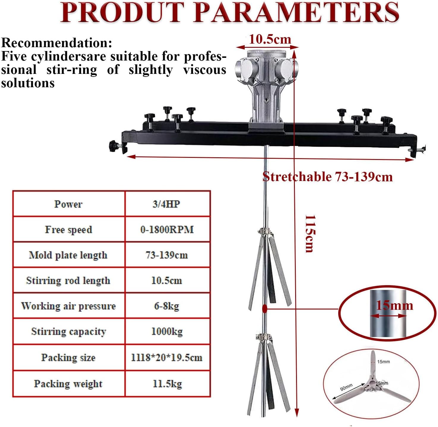 WTRYRN Pneumatic Vertical Mixer, Paint Stirring Tool, Pneumatic Air Stirring Tank Mixer, with Foldable Propeller, Used for Mixing Paints, Coatings Smallfive-cylinder