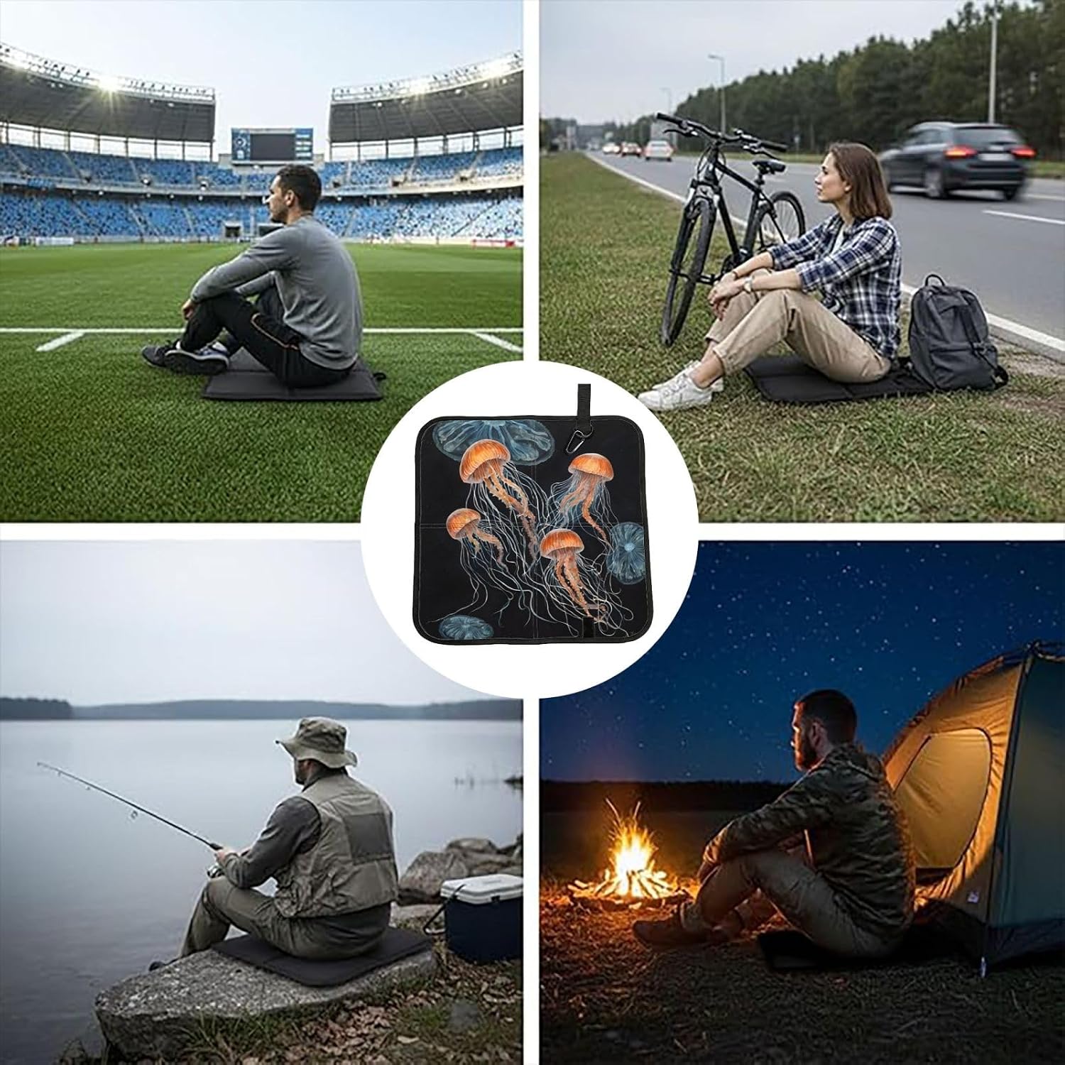 (Blue and Gold Jellyfish) Sitting Pad Foldable Seat Cushion Lightweight Camping Seat Mat with Hook for Outdoor Hiking Picnic Camping