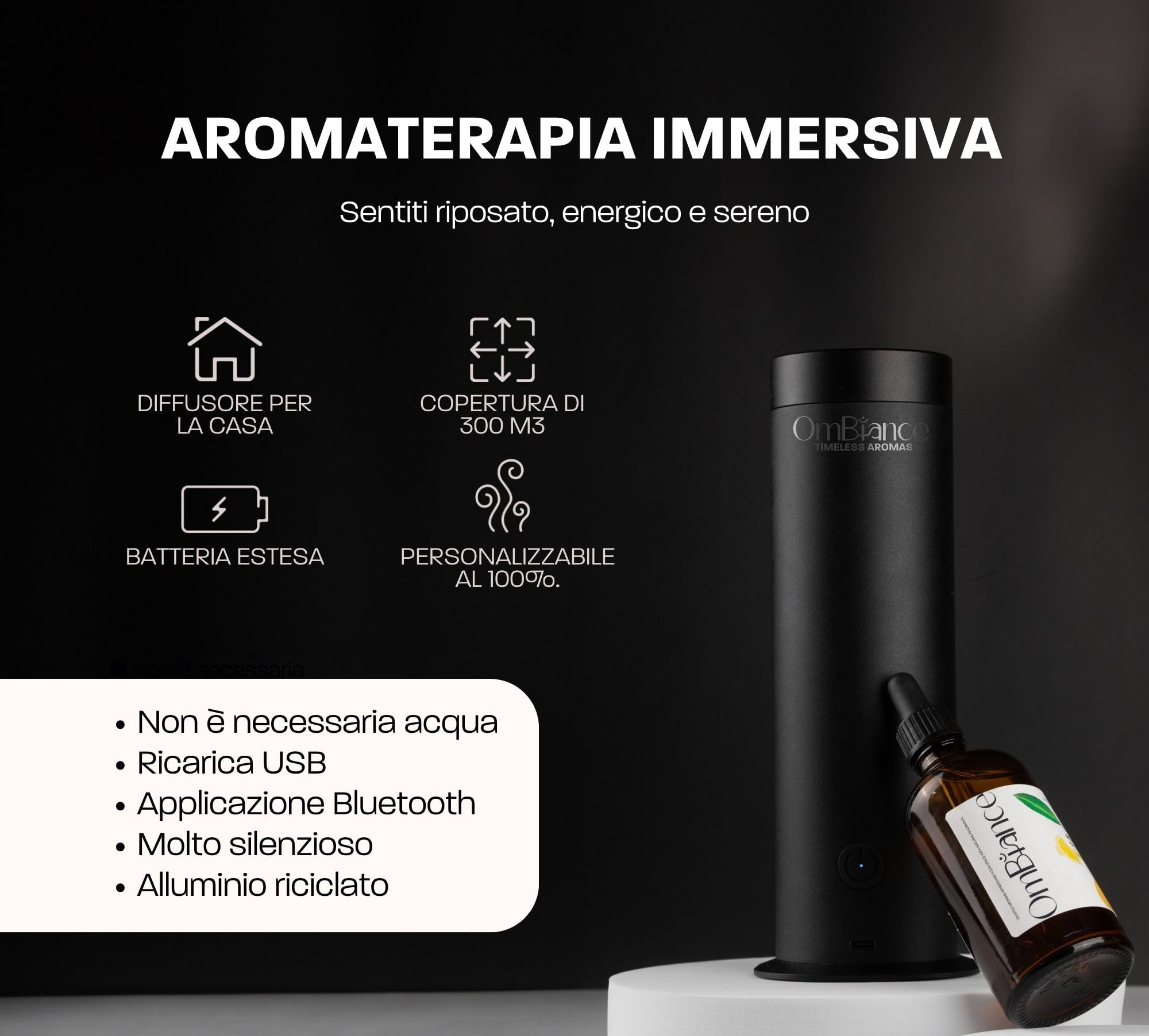 Diffusore di Oli Essenziali Senza Acqua e Calore | Nebulizzazione Oli Essenziali, proprietà preservate | Umidificatore Ambiente per casa diffusore Oli Essenziali | App-Control (300m³, Nero)