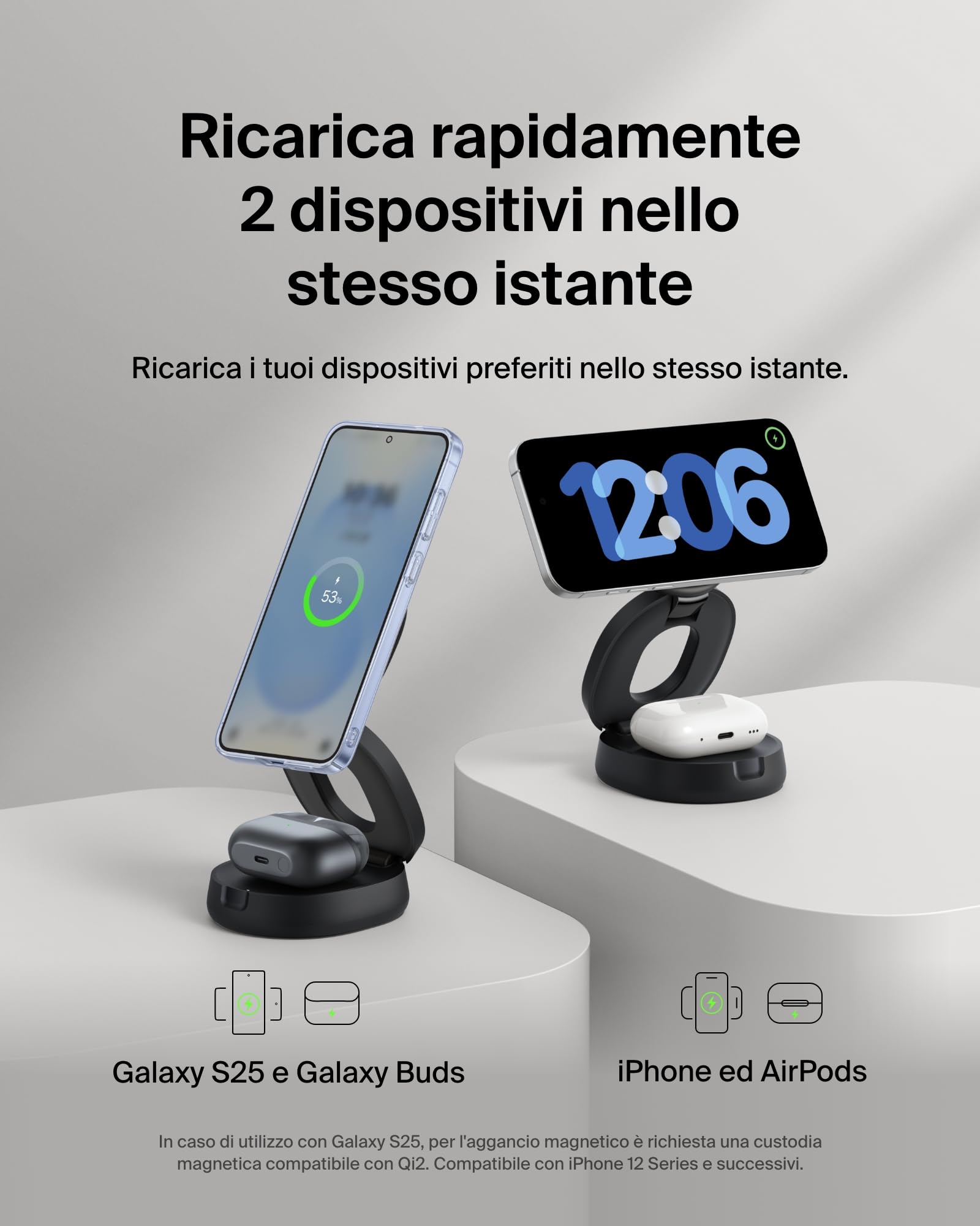 Belkin 2 in 1 Caricatore Wireless, Stazione di Ricarica Wireless 15 W, Caricatore Qi2 con MagSafe per iPhone 16 e AirPods, base piena antiscivolo, alimentatore da 30W - Nero